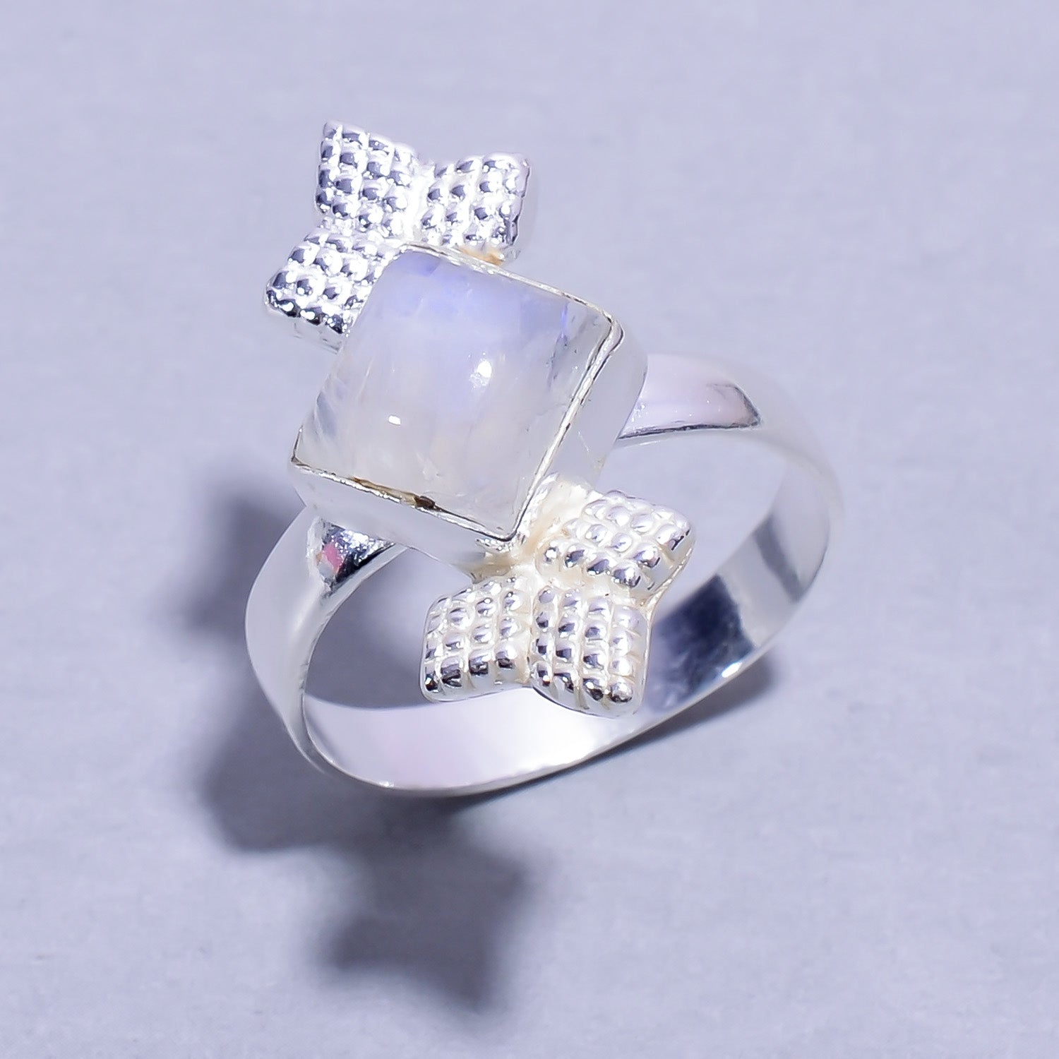 Natural White Rainbow Moonstone Solitaire Fine Gemstone Ring
