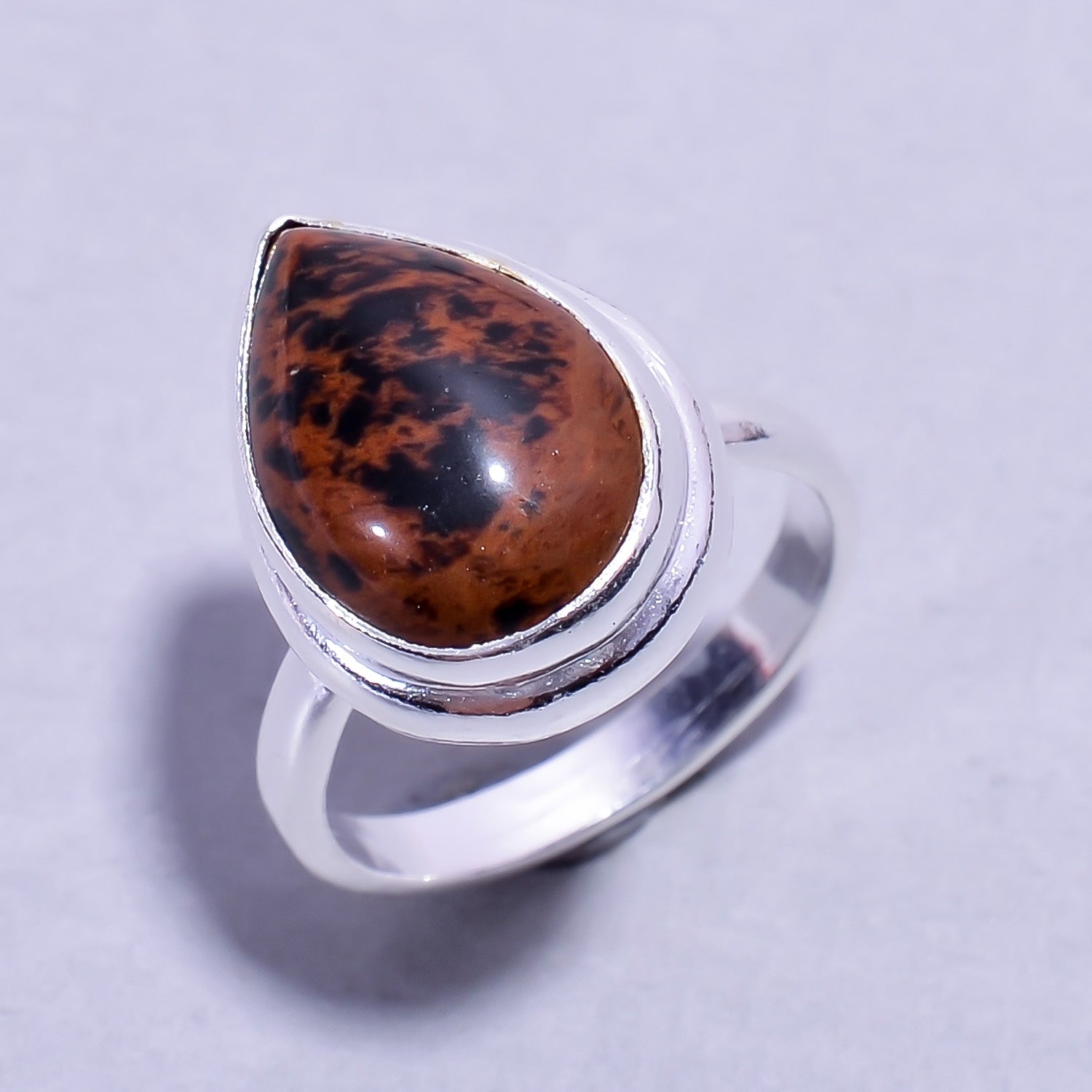 Natural Brown Mahogany Obsidian Solitaire Fine Gemstone Ring