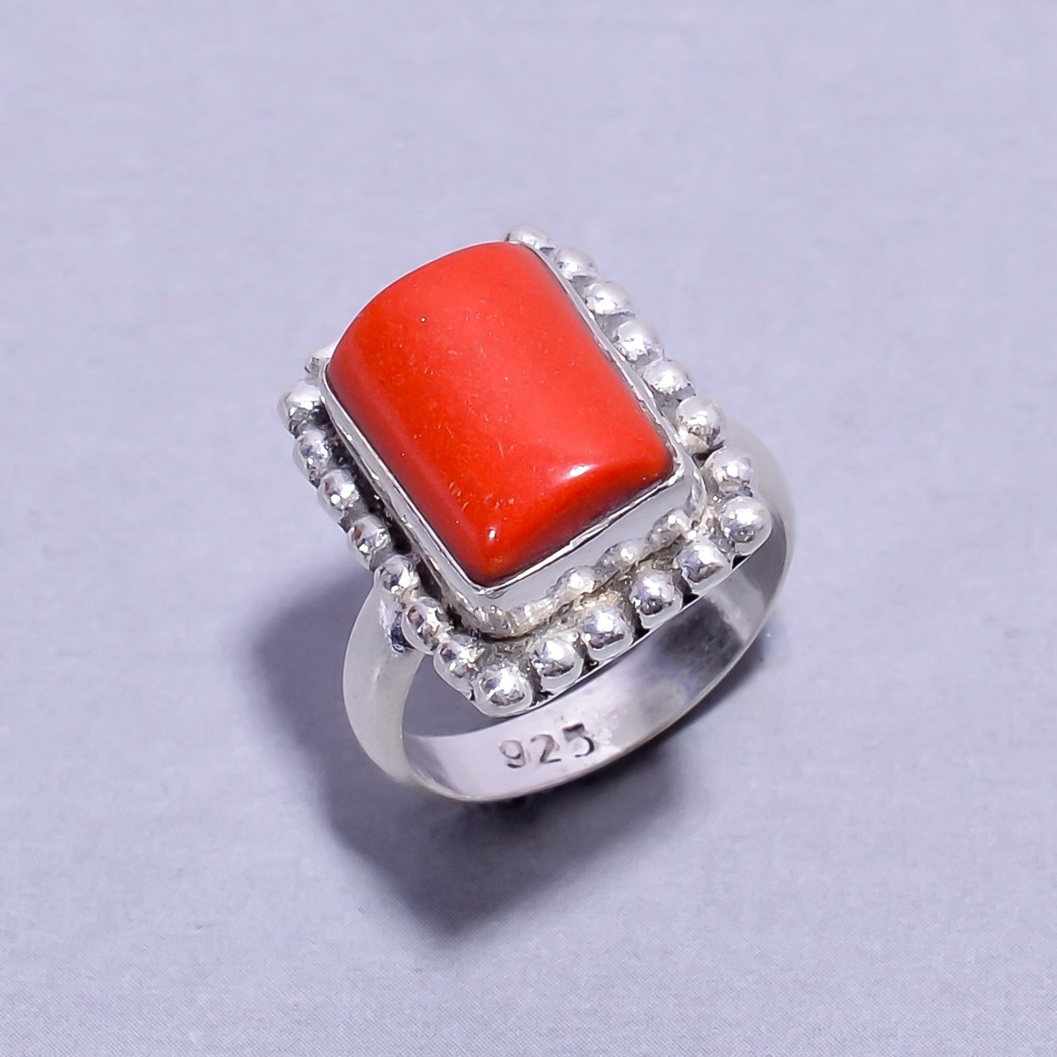 Natural Red Red Coral Solitaire Fine Gemstone Ring