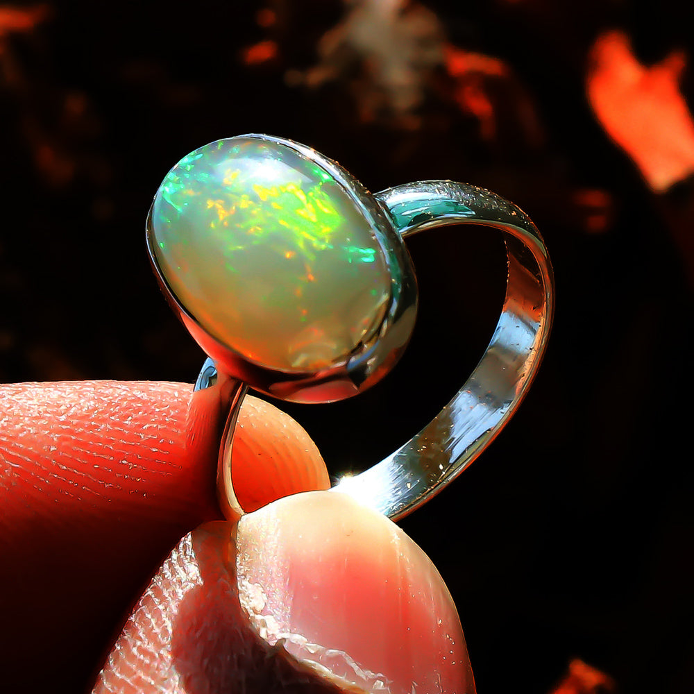 Natural White Ethiopian Opal Solitaire Fine Gemstone Ring