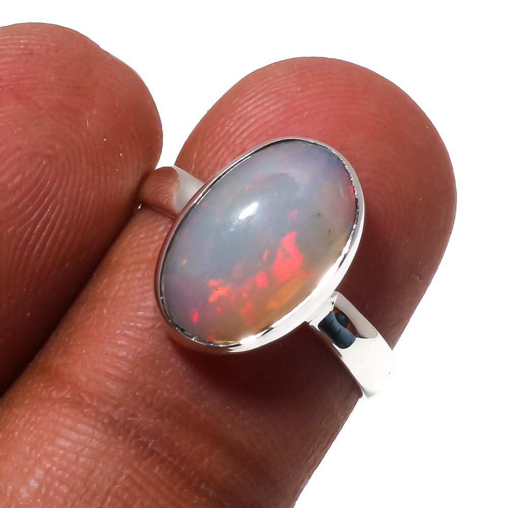 Natural White Ethiopian Opal Solitaire Fine Gemstone Ring