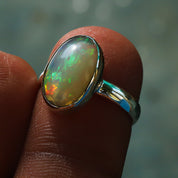 Natural White Ethiopian Opal Solitaire Fine Gemstone Ring