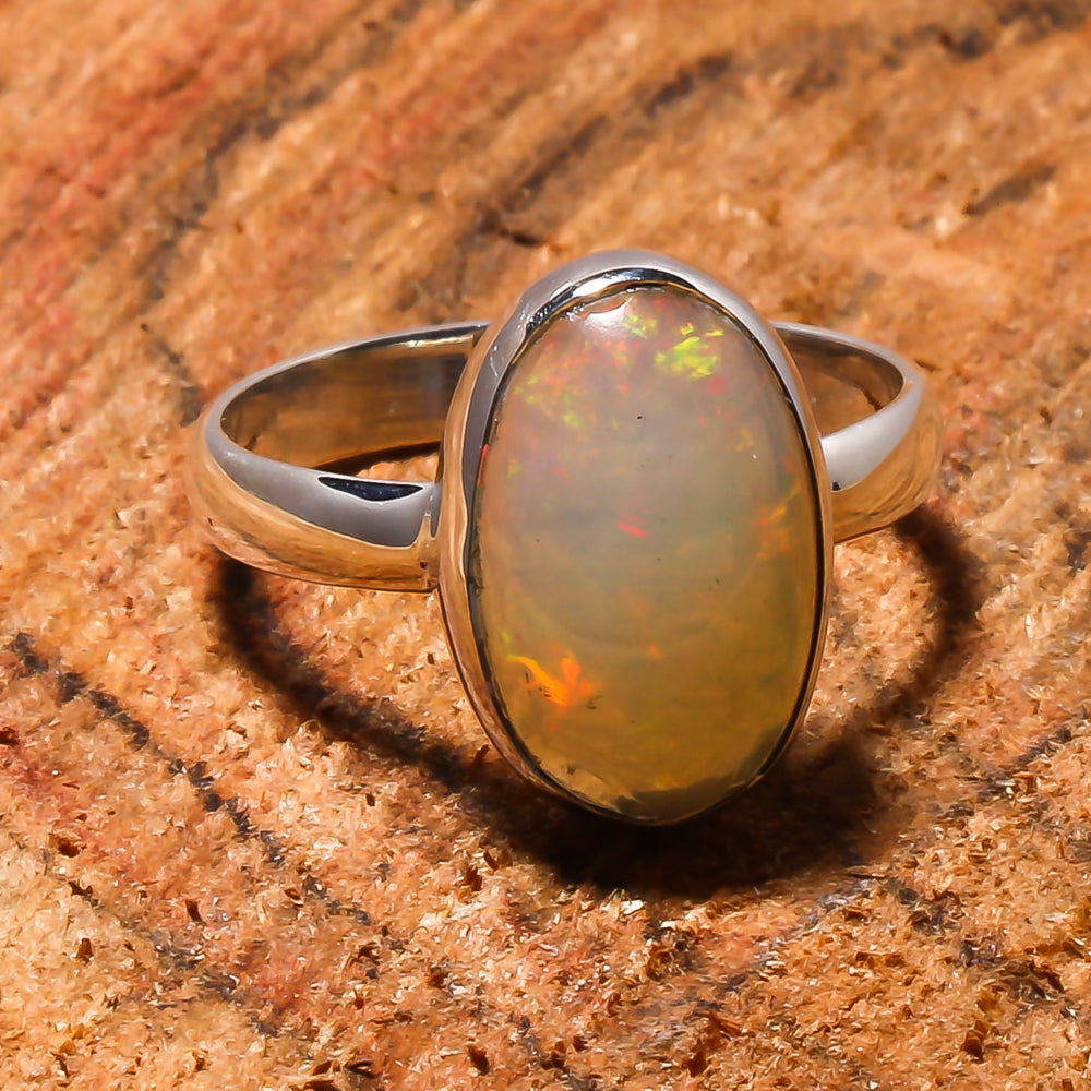 Natural White Ethiopian Opal Solitaire Fine Gemstone Ring