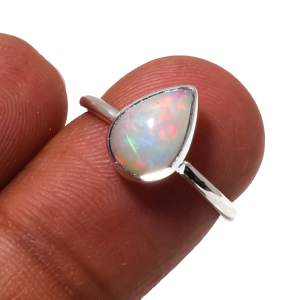 Natural White Ethiopian Opal Solitaire Fine Gemstone Ring