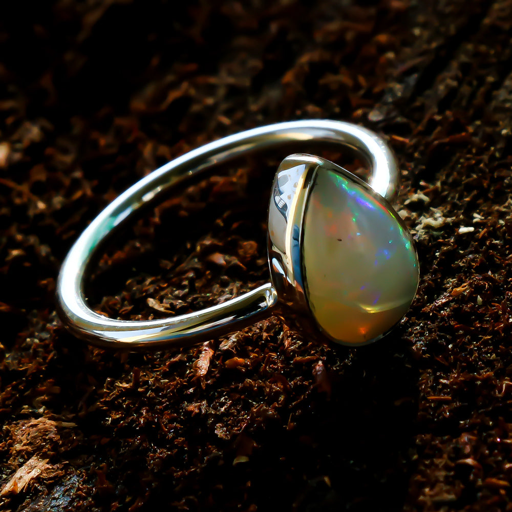 Natural White Ethiopian Opal Solitaire Fine Gemstone Ring