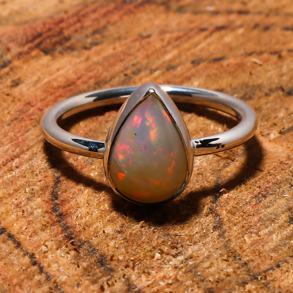 Natural White Ethiopian Opal Solitaire Fine Gemstone Ring