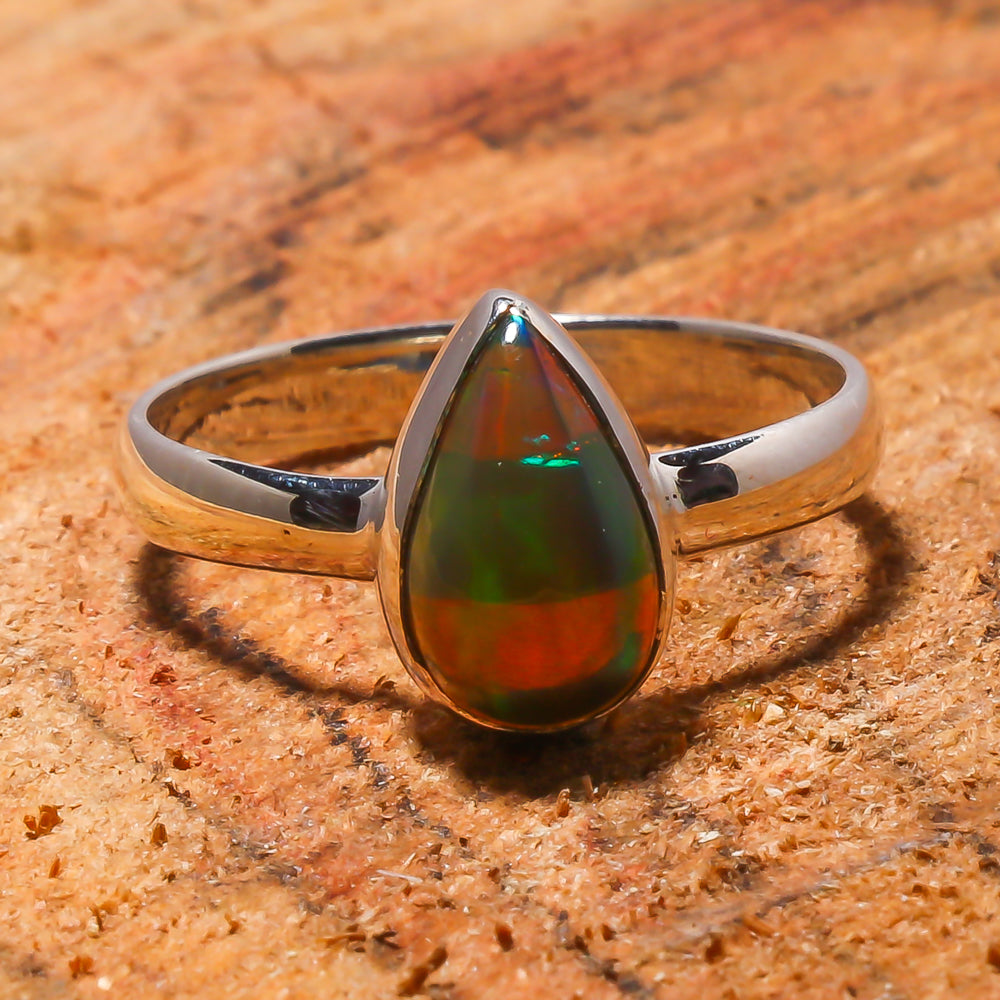 Natural White Ethiopian Opal Solitaire Fine Gemstone Ring