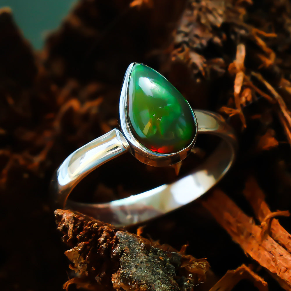 Natural White Ethiopian Opal Solitaire Fine Gemstone Ring