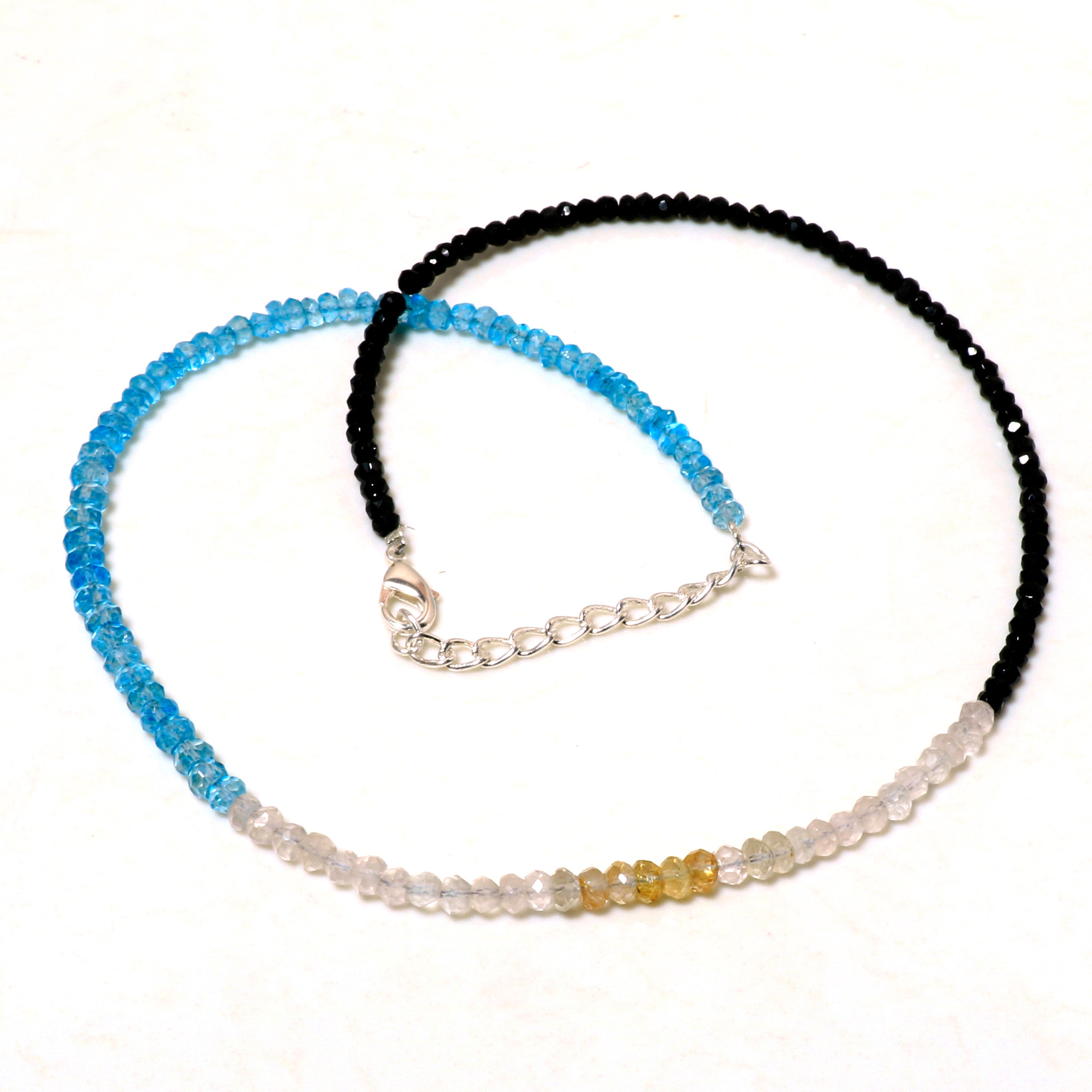 Natural Black Spinel & Blue Topaz Rondelle Beaded Necklace | 925 Sterling Silver Jewelry | December Birthstone | Adjustable Chain Necklace