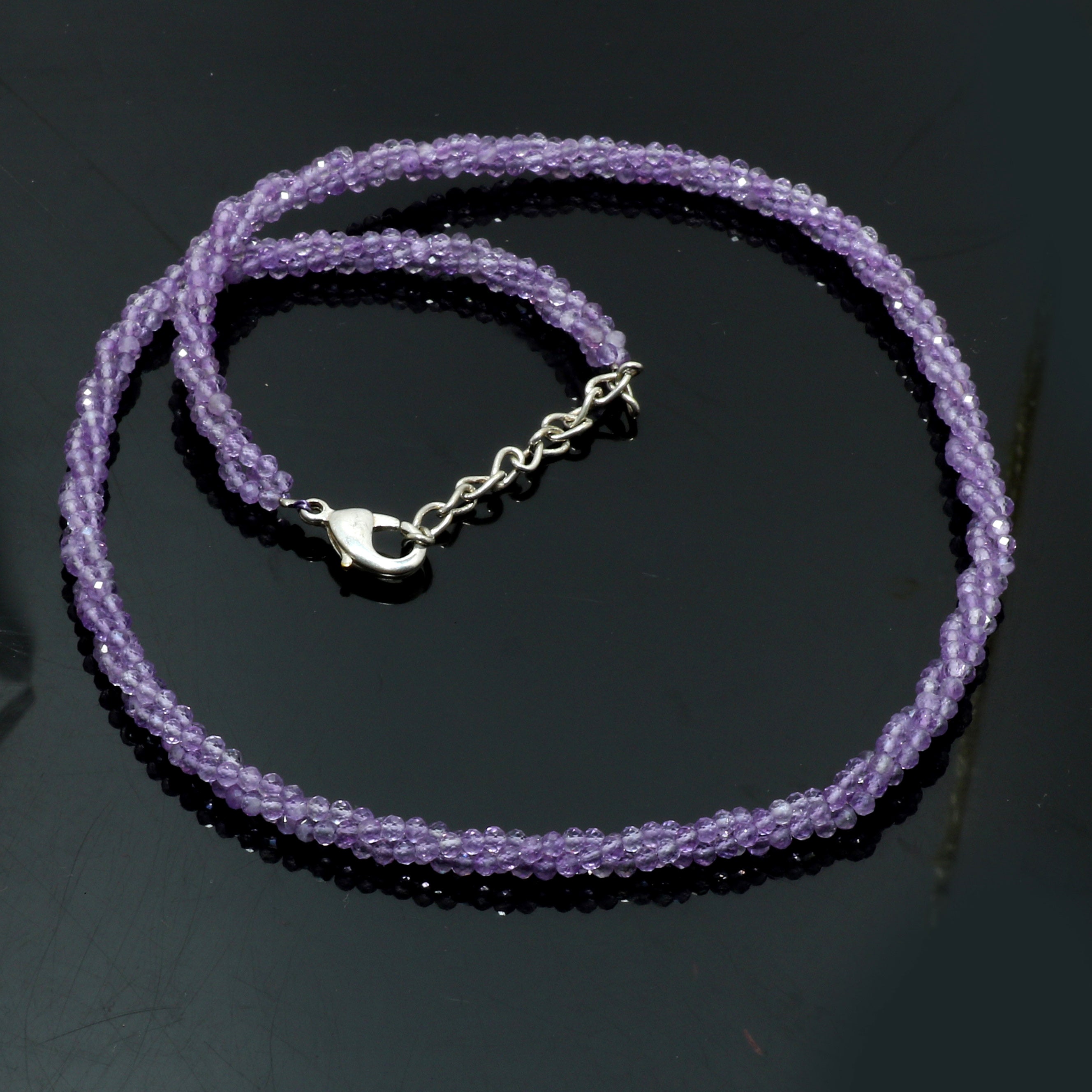 925 Sterling Silver Amethyst Beaded Twisted Necklace | Natural Gemstone Fine Jewelry | February Birthstone | Healing Power Crystals