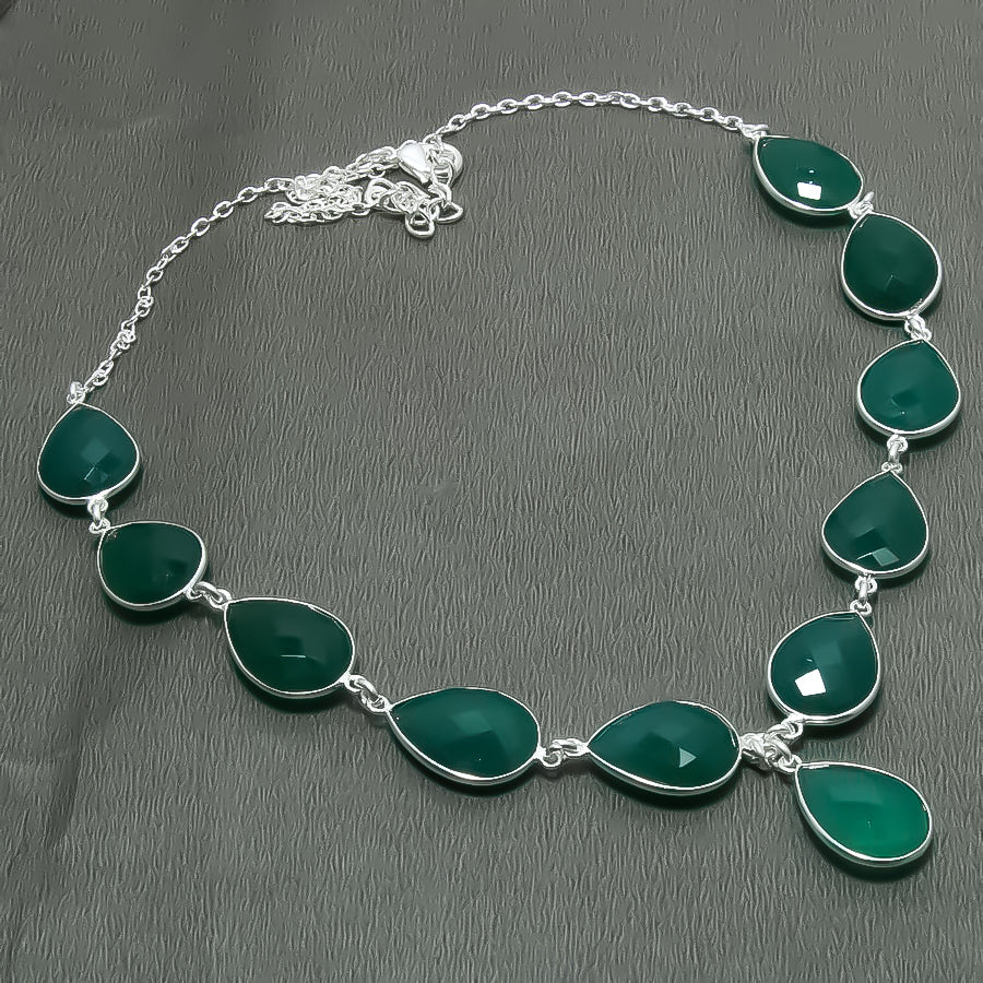 Natural Green Onyx Pear Shape Charm Necklace | 925 Sterling Silver Fine Jewelry | May Birthstone | Healing Power Crystals