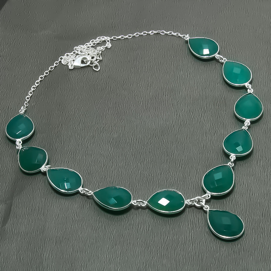 Natural Green Onyx Pear Shape Charm Necklace | 925 Sterling Silver Fine Jewelry | May Birthstone | Healing Power Crystals