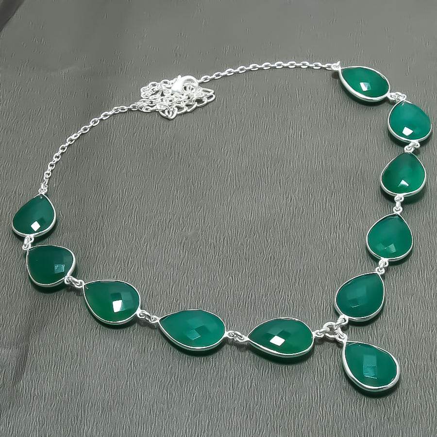 Natural Green Onyx Pear Shape Charm Necklace | 925 Sterling Silver Fine Jewelry | May Birthstone | Healing Power Crystals