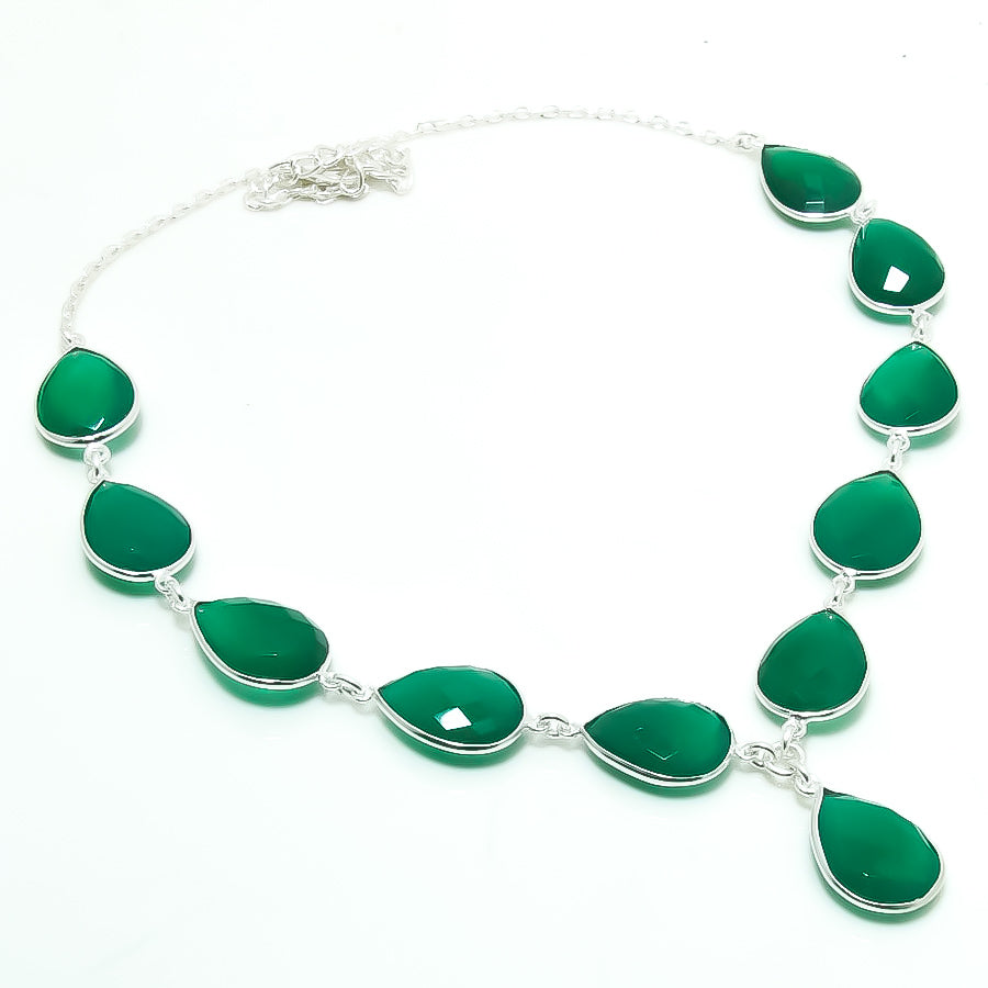 Natural Green Onyx Pear Shape Charm Necklace | 925 Sterling Silver Fine Jewelry | May Birthstone | Healing Power Crystals
