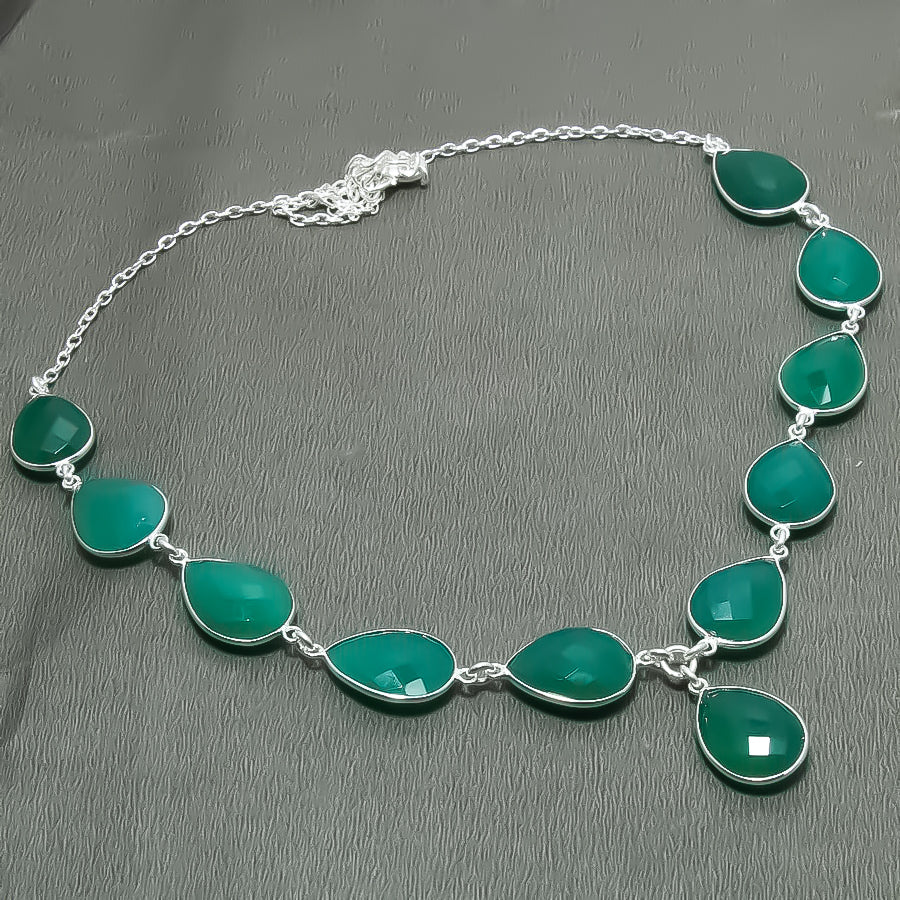 Natural Green Onyx Pear Shape Charm Necklace | 925 Sterling Silver Fine Jewelry | May Birthstone | Healing Power Crystals