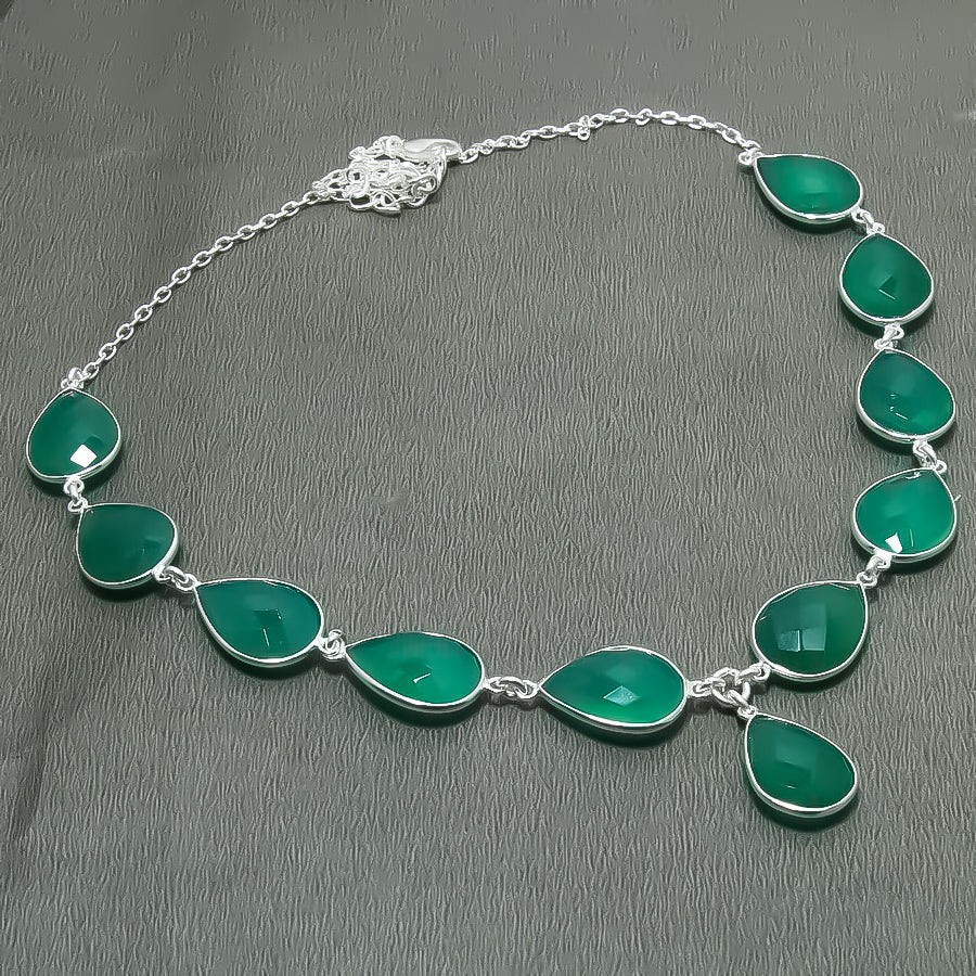Natural Green Onyx Pear Shape Charm Necklace | 925 Sterling Silver Fine Jewelry | May Birthstone | Healing Power Crystals