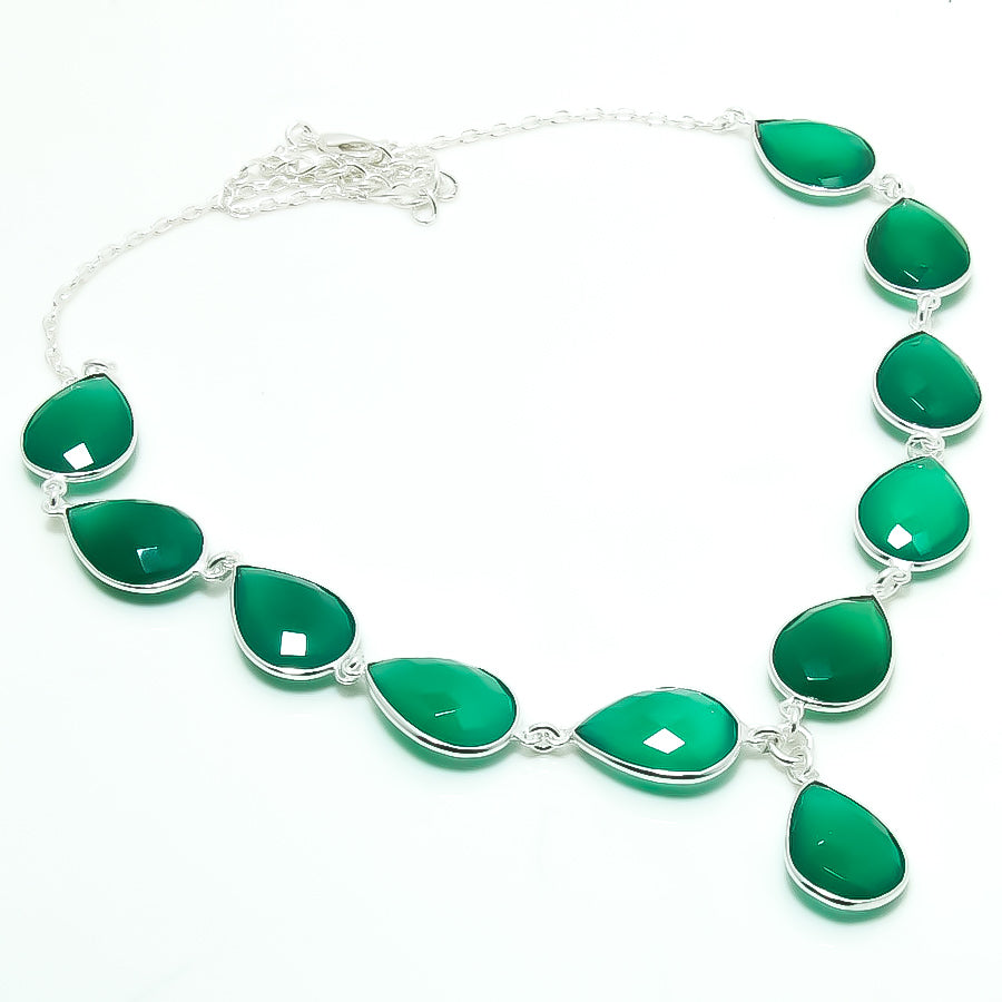Natural Green Onyx Pear Shape Charm Necklace | 925 Sterling Silver Fine Jewelry | May Birthstone | Healing Power Crystals