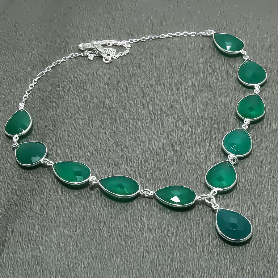 Natural Green Onyx Pear Shape Charm Necklace | 925 Sterling Silver Fine Jewelry | May Birthstone | Healing Power Crystals
