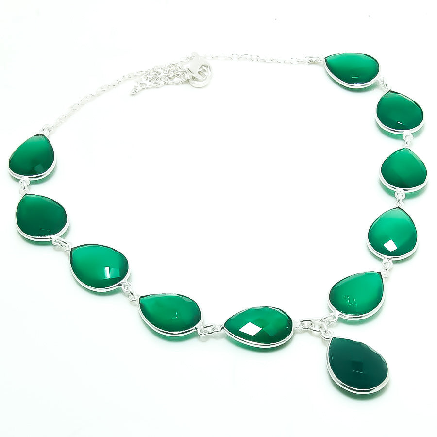 Natural Green Onyx Pear Shape Charm Necklace | 925 Sterling Silver Fine Jewelry | May Birthstone | Healing Power Crystals