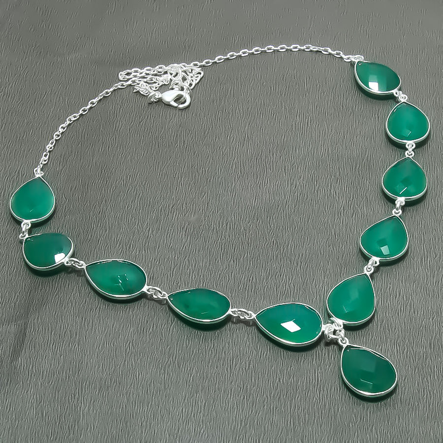Natural Green Onyx Pear Shape Charm Necklace | 925 Sterling Silver Fine Jewelry | May Birthstone | Healing Power Crystals