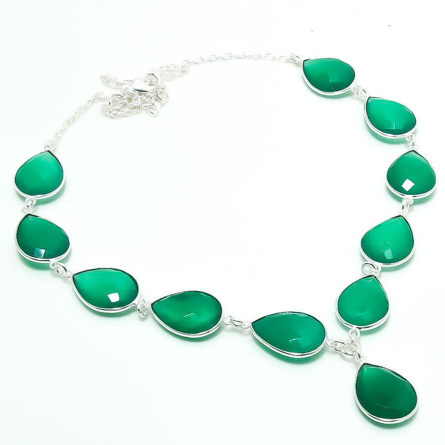 Natural Green Onyx Pear Shape Charm Necklace | 925 Sterling Silver Fine Jewelry | May Birthstone | Healing Power Crystals