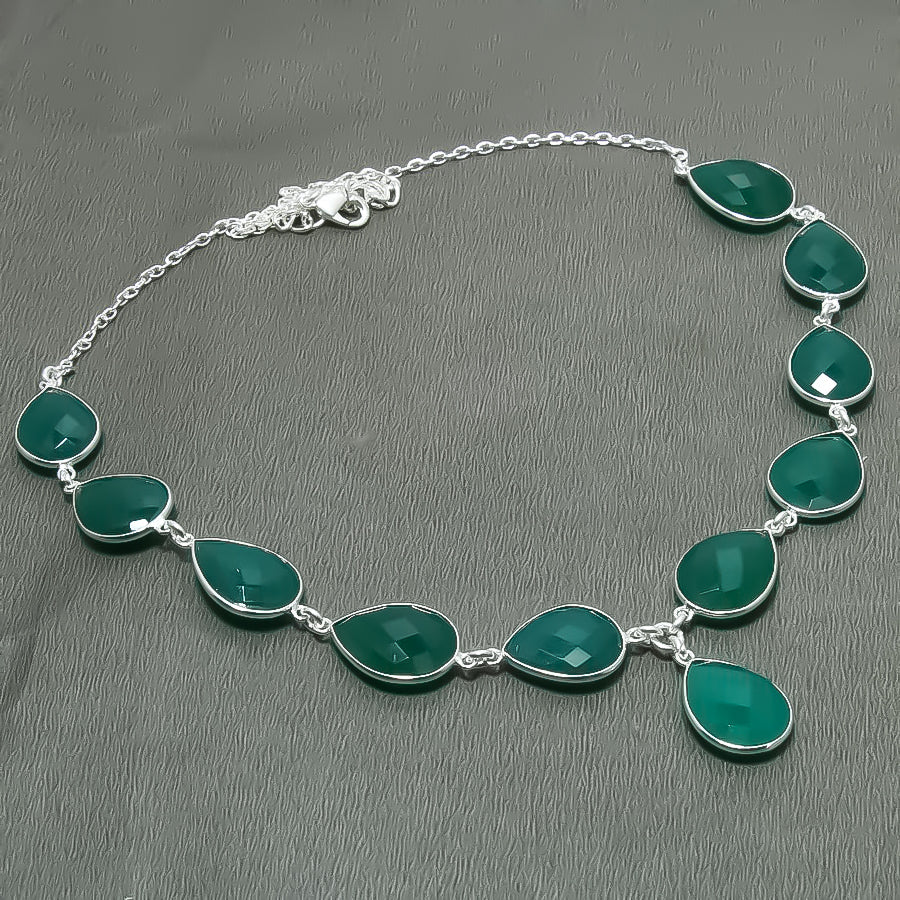 Natural Green Onyx Pear Shape Charm Necklace | 925 Sterling Silver Fine Jewelry | May Birthstone | Healing Power Crystals