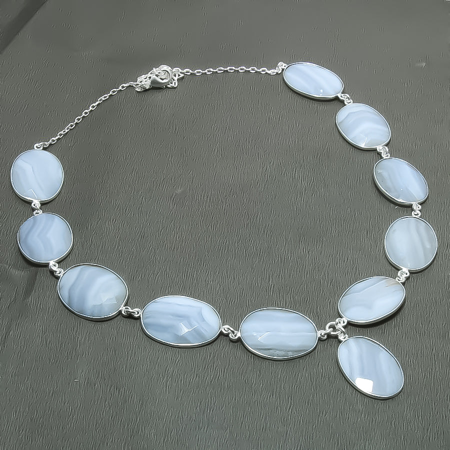 Natural Blue Lace Agate Statement Necklace | 925 Sterling Silver Fine Jewelry | Healing Power Crystals | Root Chakra