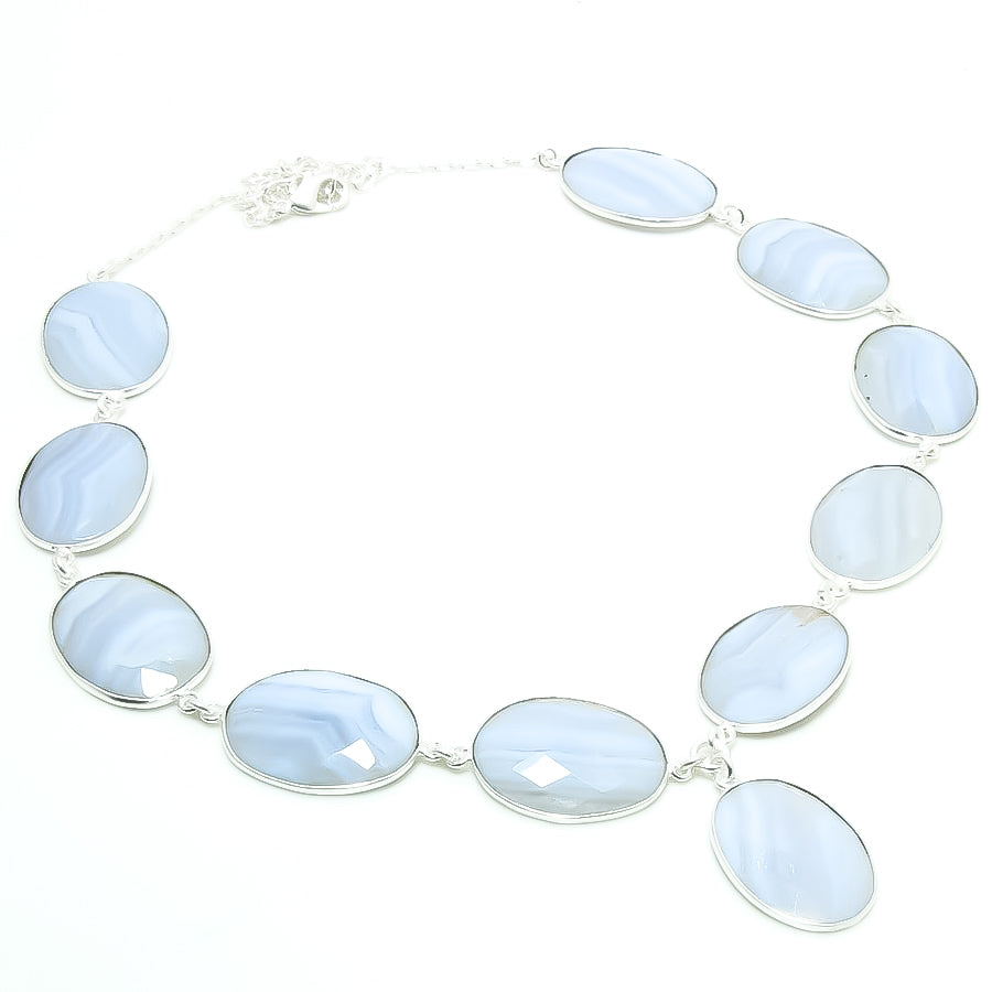 Natural Blue Lace Agate Statement Necklace | 925 Sterling Silver Fine Jewelry | Healing Power Crystals | Root Chakra