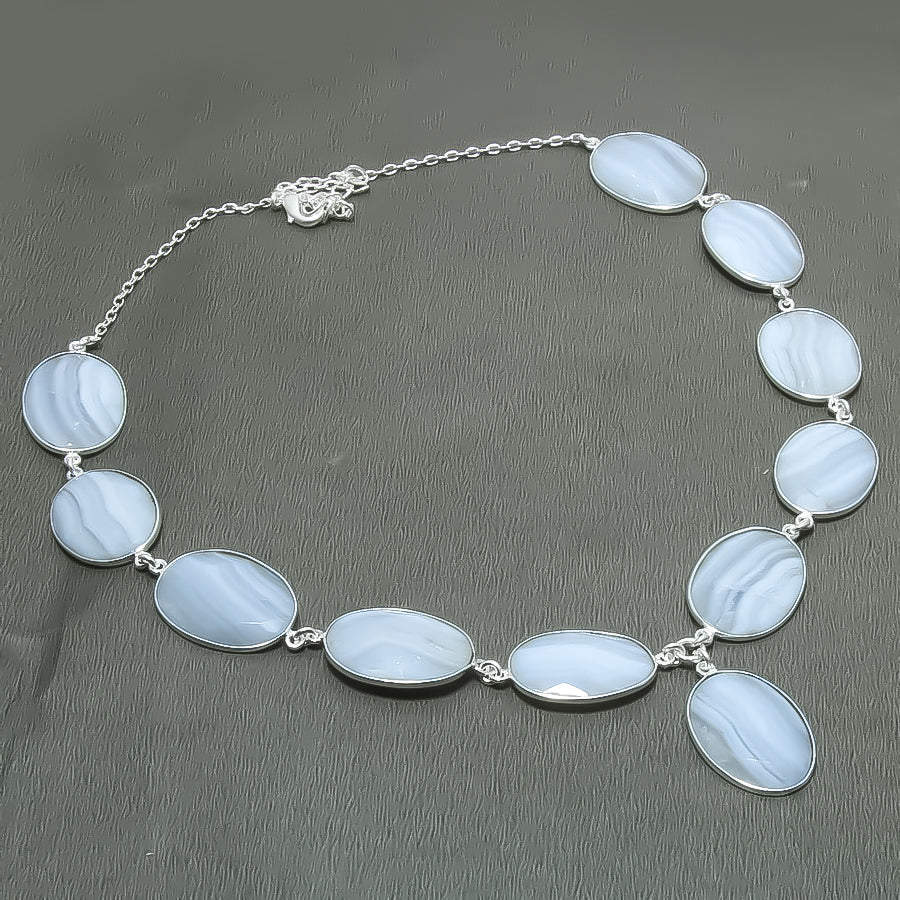 Natural Blue Lace Agate Statement Necklace | 925 Sterling Silver Fine Jewelry | Healing Power Crystals | Root Chakra