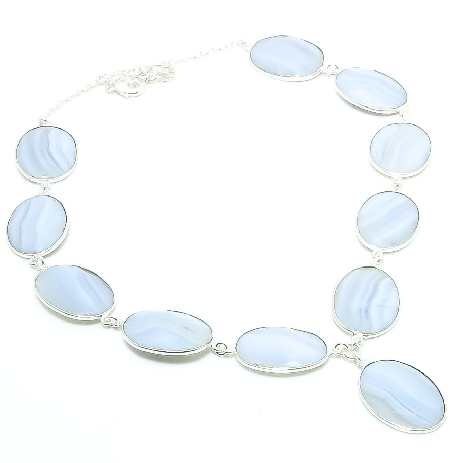Natural Blue Lace Agate Statement Necklace | 925 Sterling Silver Fine Jewelry | Healing Power Crystals | Root Chakra