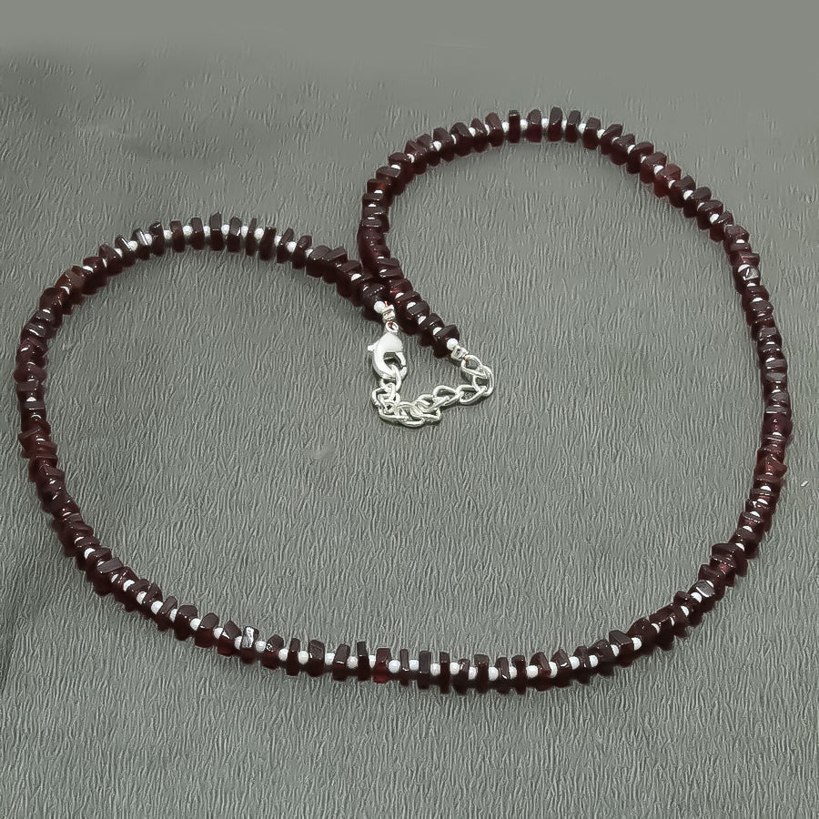Natural Red Garnet Square Beaded Necklace | 925 Sterling Silver Adjustable Chain | January Birthstone | Women Jewelry