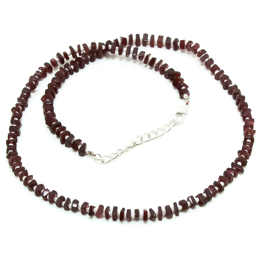Natural Red Garnet Square Beaded Necklace | 925 Sterling Silver Adjustable Chain | January Birthstone | Women Jewelry