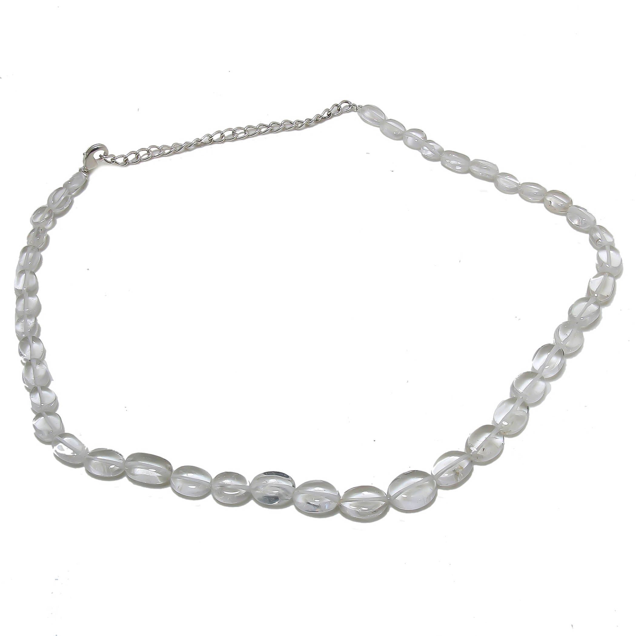 Natural Crystal Quartz Oval Shape Beaded Necklace | 925 Sterling Silver Adjustable Chain | April Birthstone | Women Jewelry