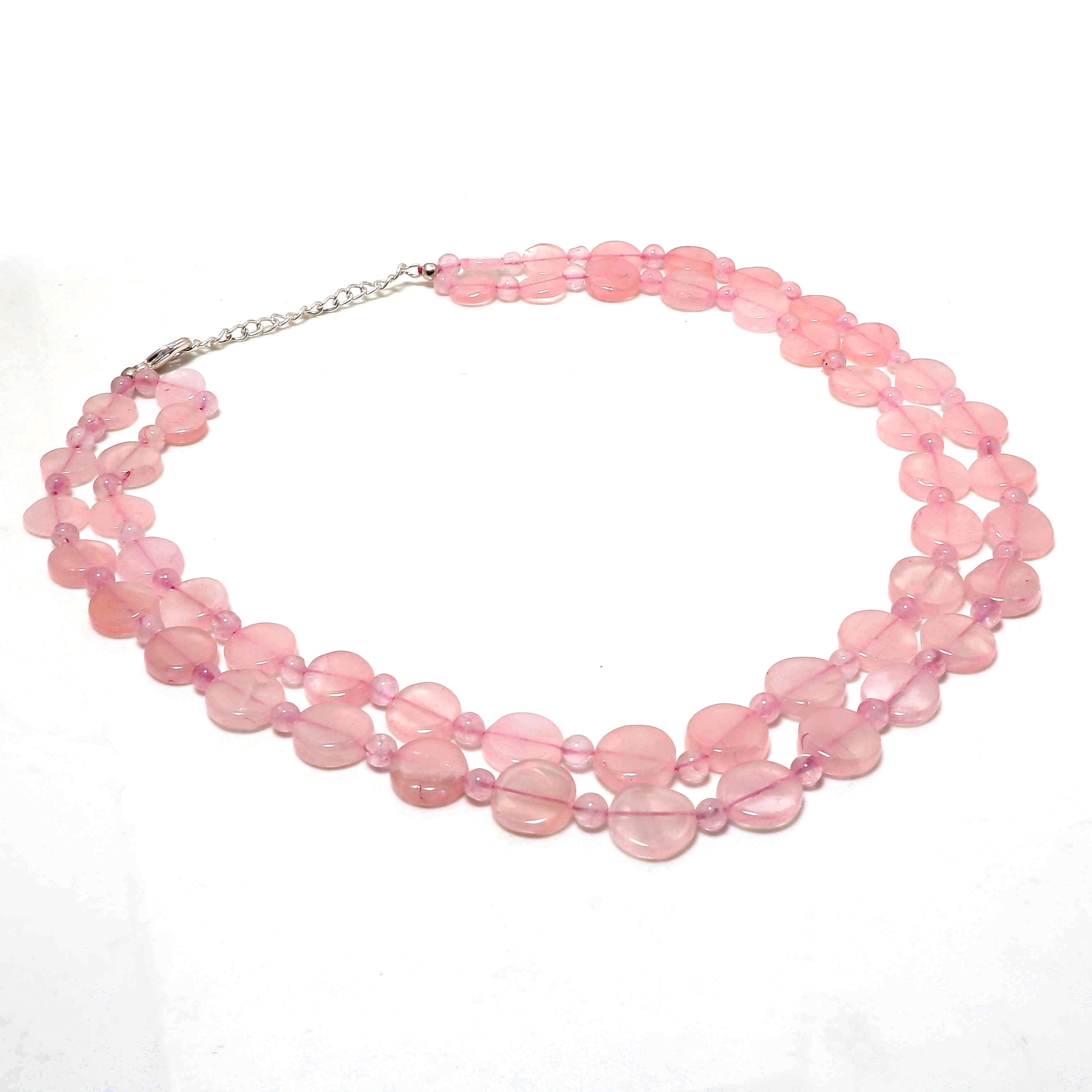 925 Sterling Silver Rose Quartz Beaded 2 Layered Necklace | Natural Gemstone Fine Jewelry | January Birthstone Gift