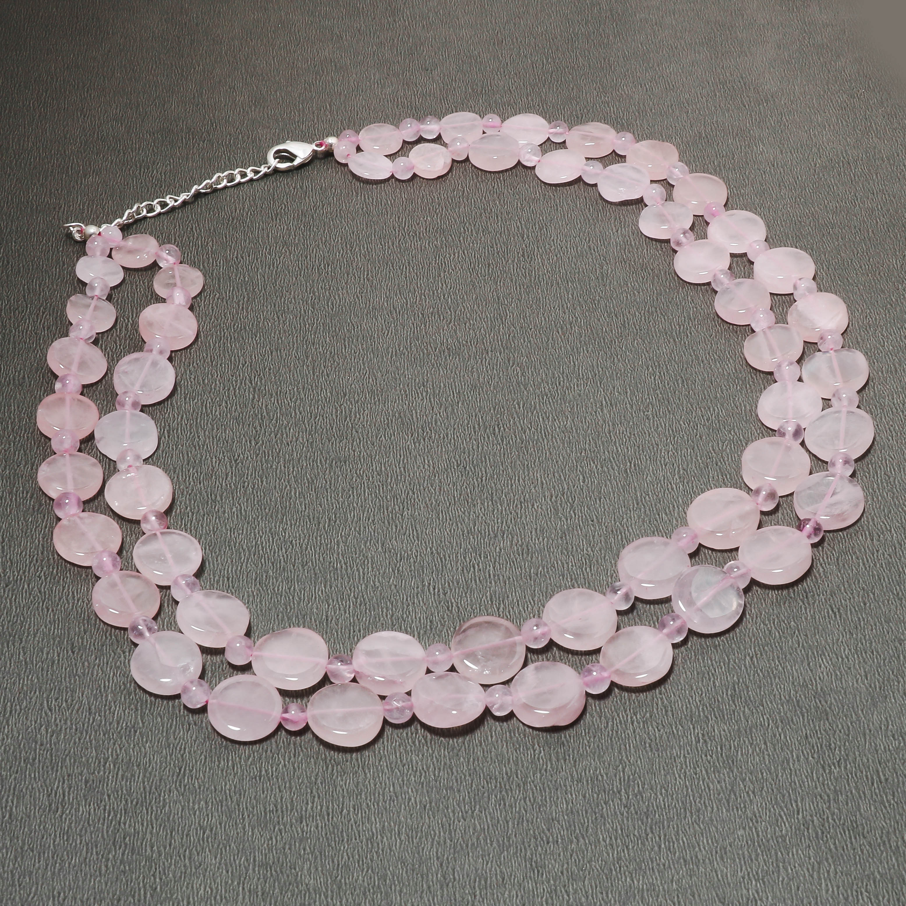 925 Sterling Silver Rose Quartz Beaded 2 Layered Necklace | Natural Gemstone Fine Jewelry | January Birthstone Gift