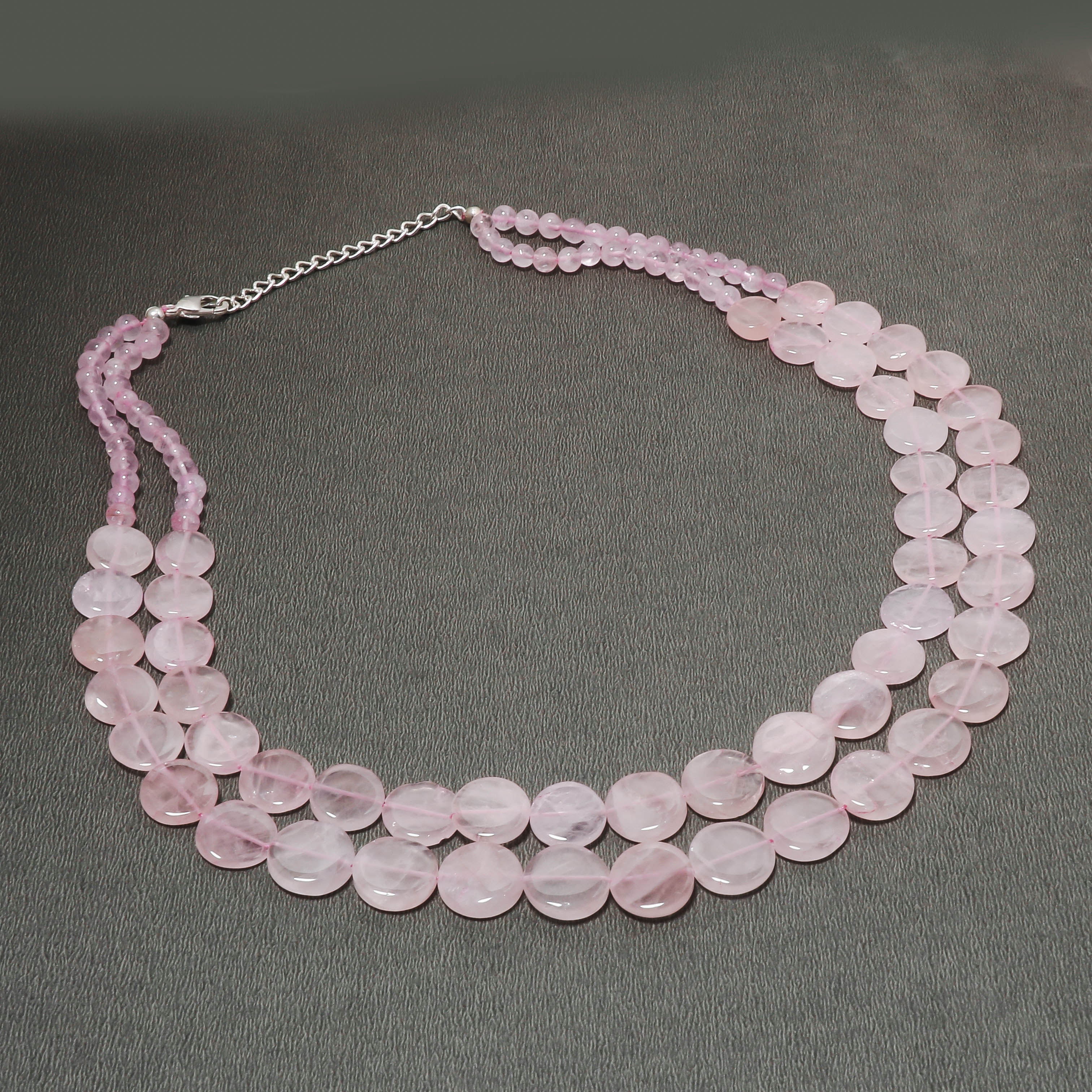 925 Sterling Silver Rose Quartz Beaded 2 Layered Necklace | Natural Gemstone Fine Jewelry | January Birthstone Gift | Adjustable Necklace