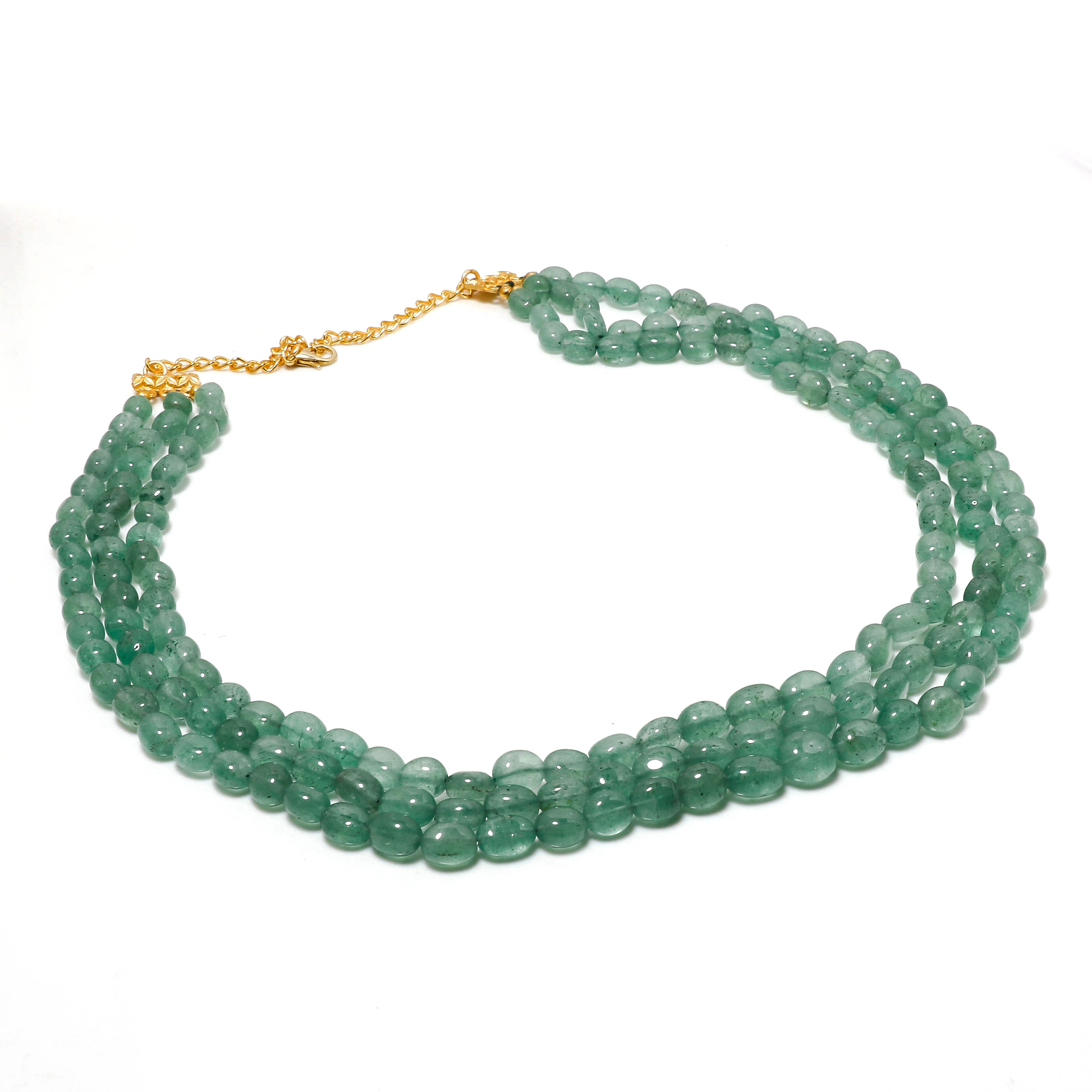 Green Strawberry Quartz 925 Sterling Silver Beaded Necklace | Natural Gemstone 3 Layered Fine Jewelry | Healing Power Crystals