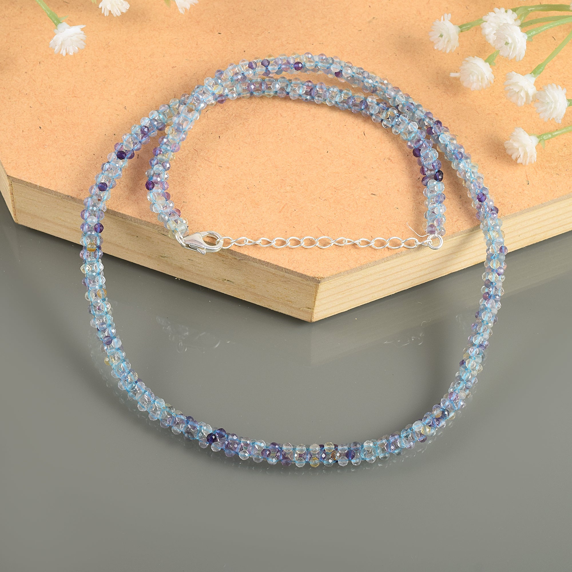 925 Sterling Silver Natural Fluorite Necklace | Rondelle Beaded Fine Jewelry | February Birthstone Gift