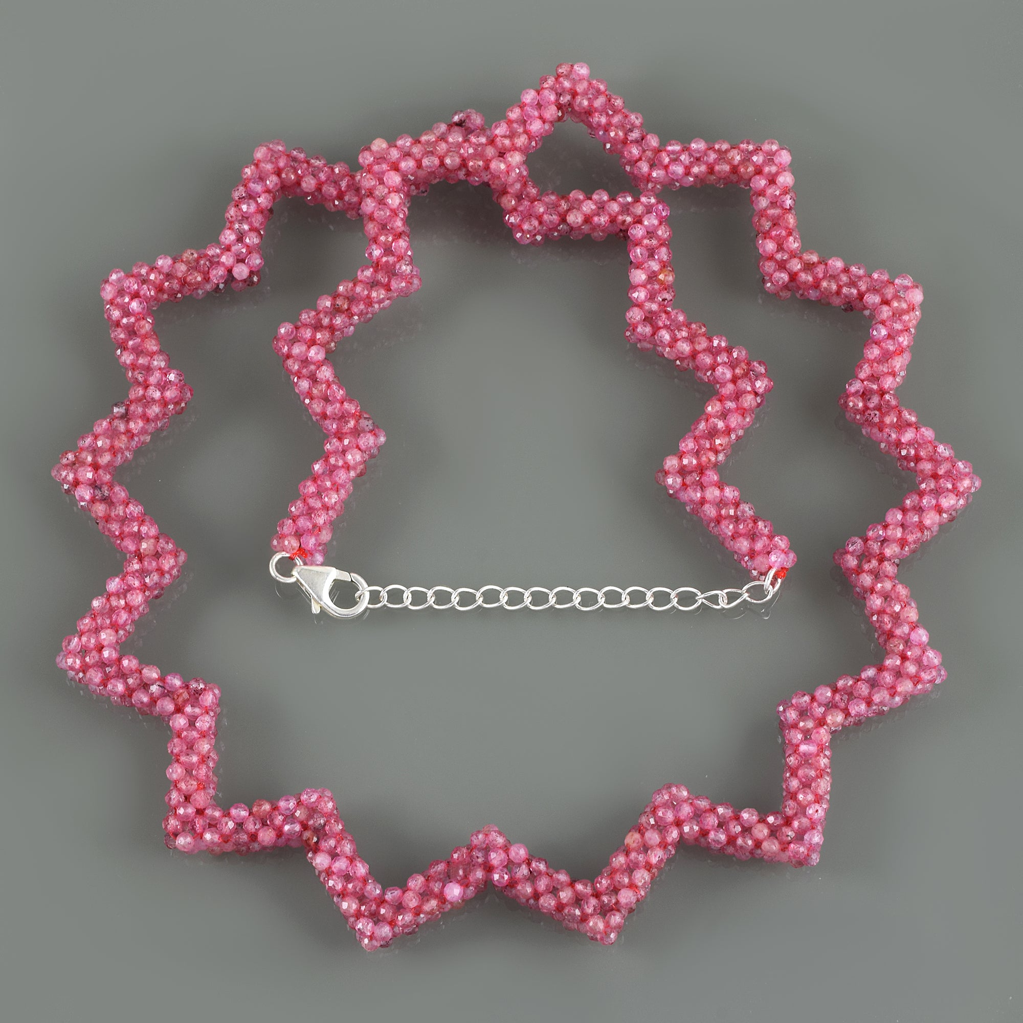 925 Sterling Silver Natural Strawberry Quartz Beaded Necklace | Zig-Zag Style Fine Jewelry | September Birthstone Gift