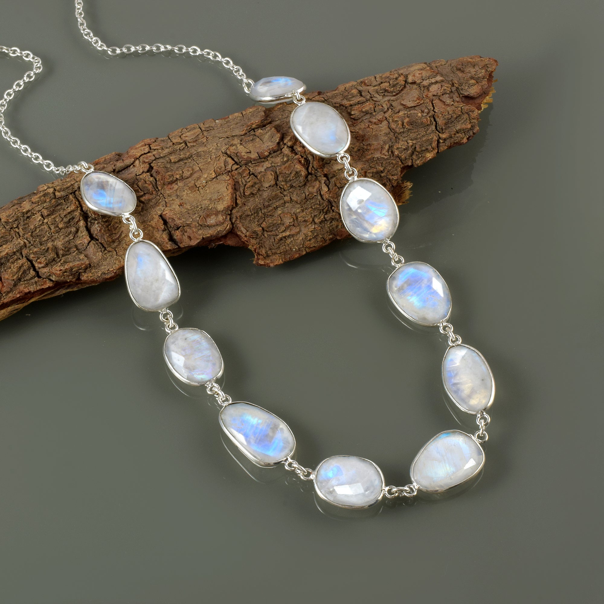 925 Sterling Silver Natural Rainbow Moonstone Necklace | Bezel Setting Fine Jewelry | June Birthstone Gift