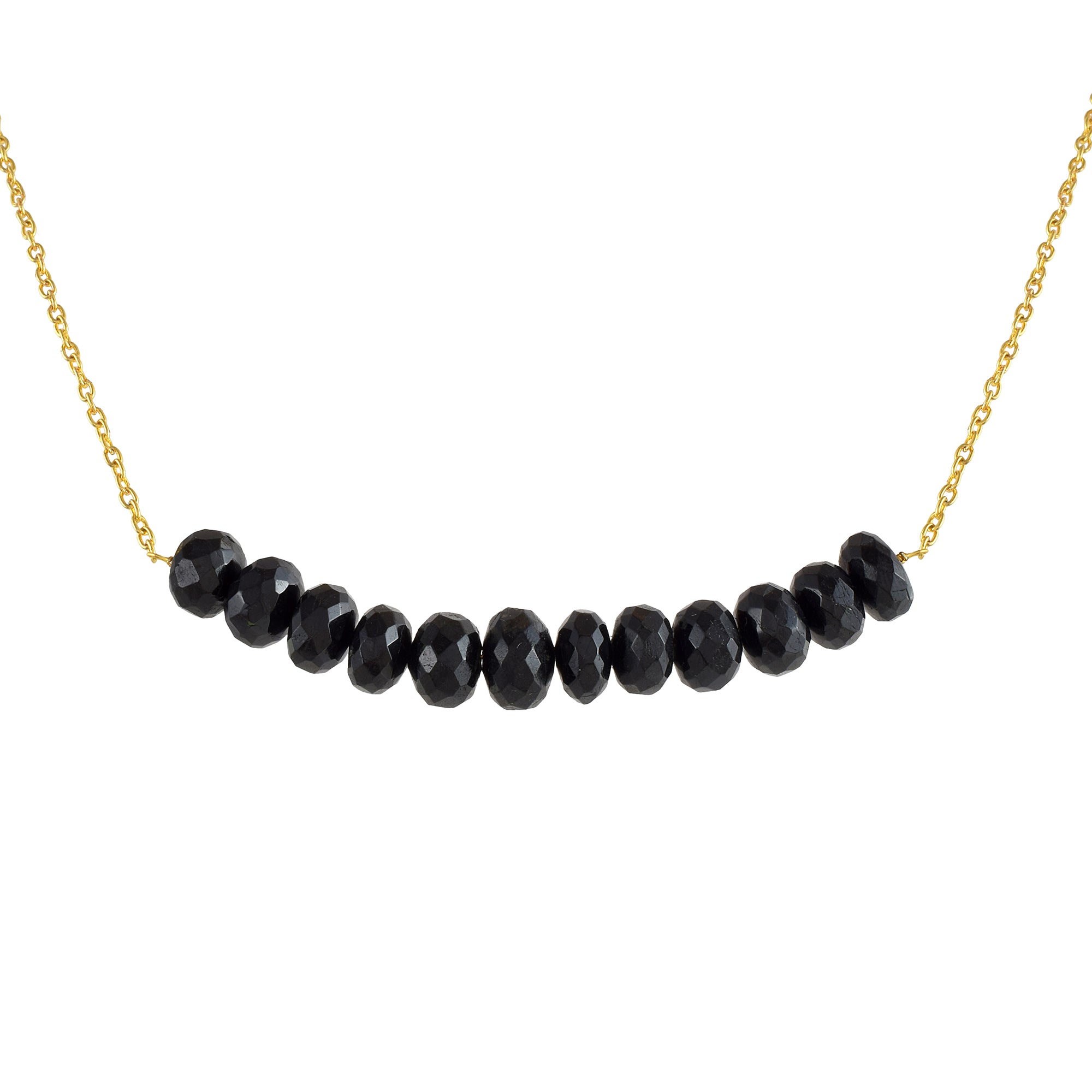 Natural Black Spinel Rondelle Beaded Chain Necklace | 92.5 Sterling Silver Gold Plated Jewelry | August Birthstone | Healing Power Root Chakra