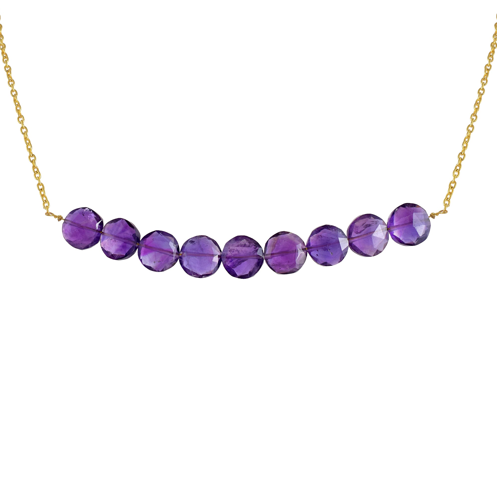 Natural African Amethyst Round Beaded Chain Necklace | 92.5 Sterling Silver Gold Plated Jewelry | February Birthstone