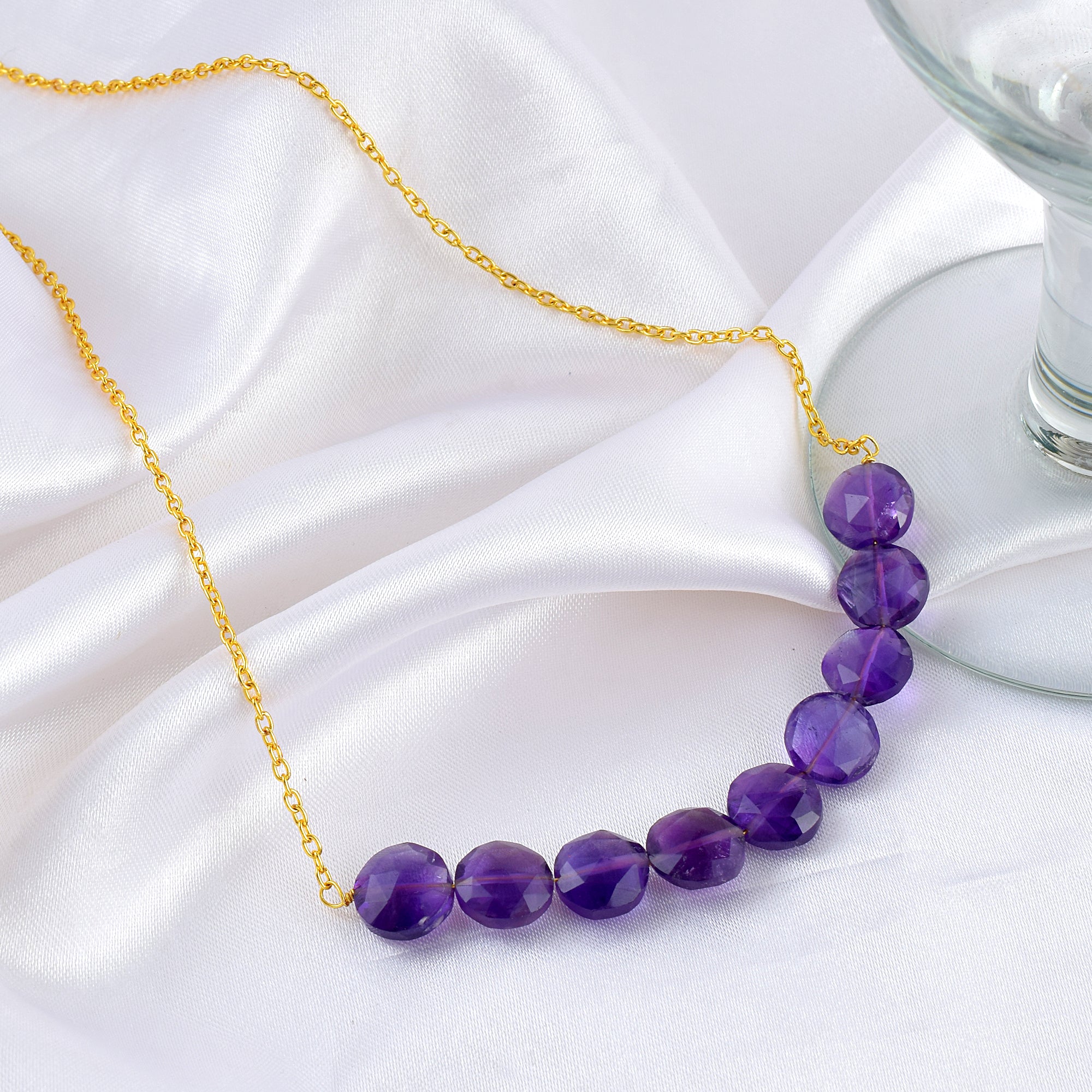 Natural African Amethyst Round Beaded Chain Necklace | 92.5 Sterling Silver Gold Plated Jewelry | February Birthstone