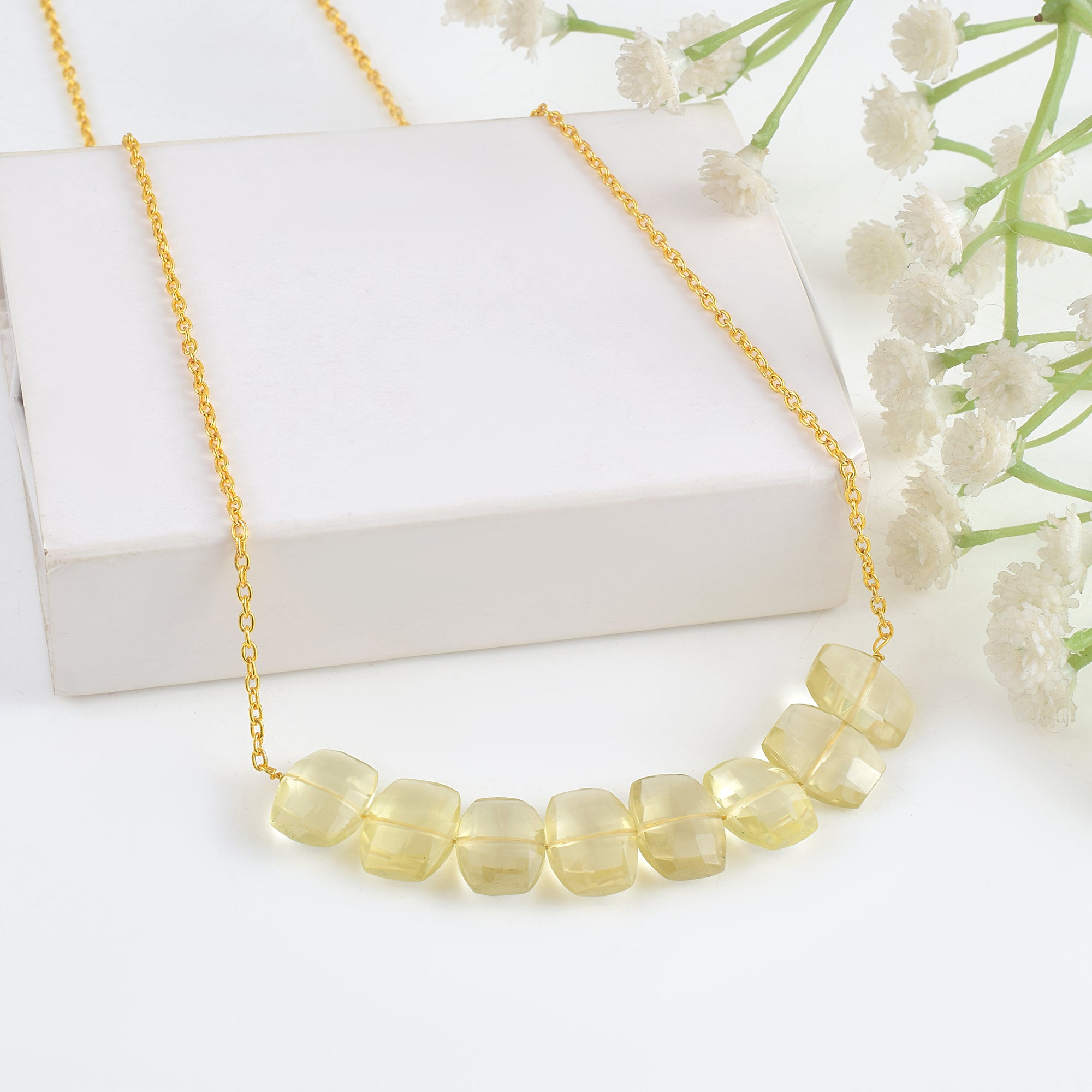 Natural Lemon Yellow Lemon Quartz Beaded Fine Gemstone Necklace