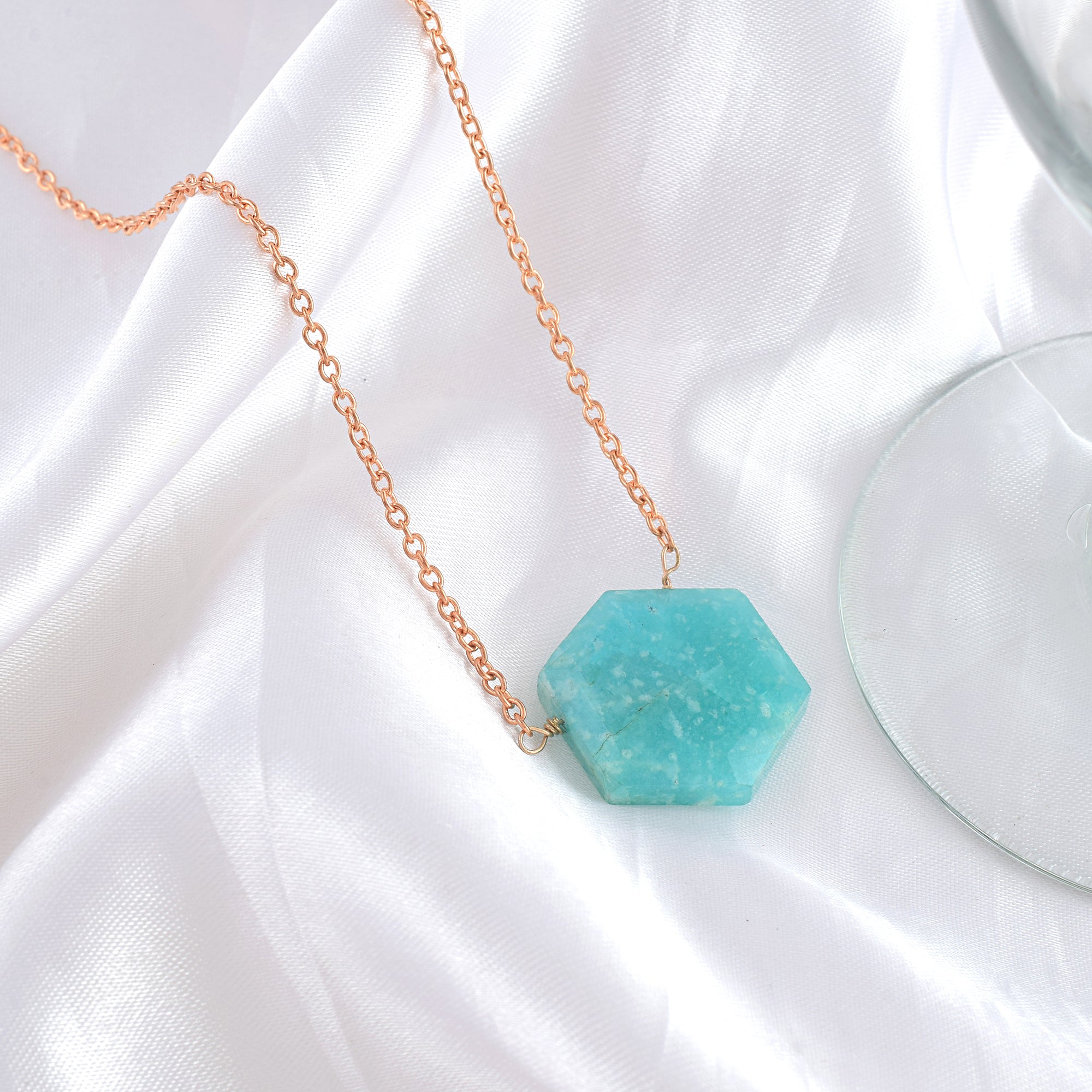 Natural Amazonite Hexagon Rose Gold Plated Chain Necklace | 925 Sterling Silver Jewelry | Birthstone Gift | Healing Crystals