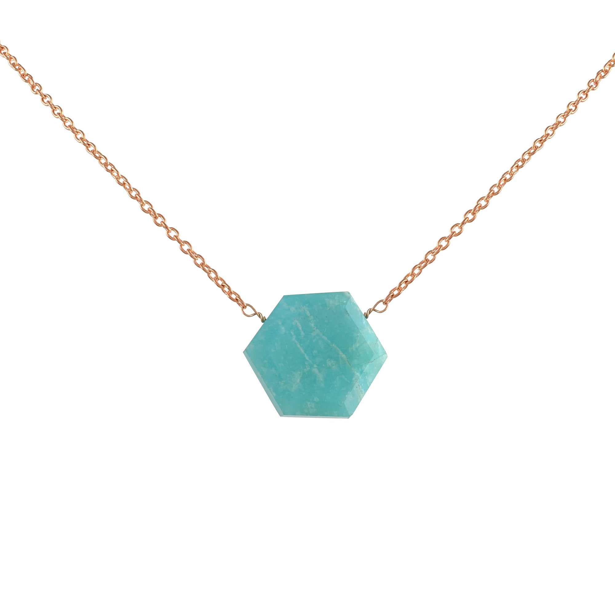Natural Amazonite Hexagon Rose Gold Plated Chain Necklace | 925 Sterling Silver Jewelry | Birthstone Gift | Healing Crystals