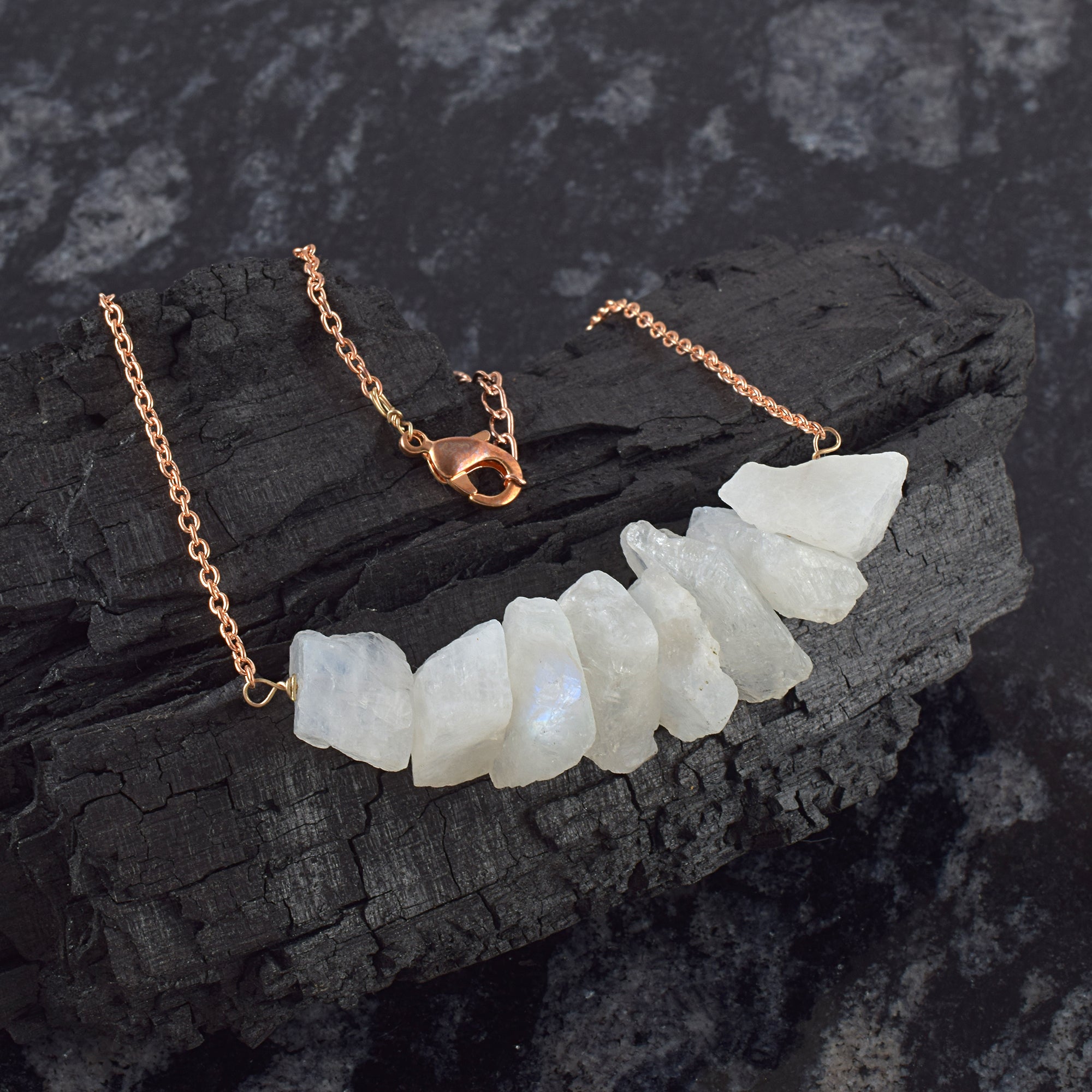 Natural Rainbow Moonstone Uncut Chips Rose Gold Plating Chain Necklace | 92.5 Sterling Silver Fine Jewelry | June Birthstone
