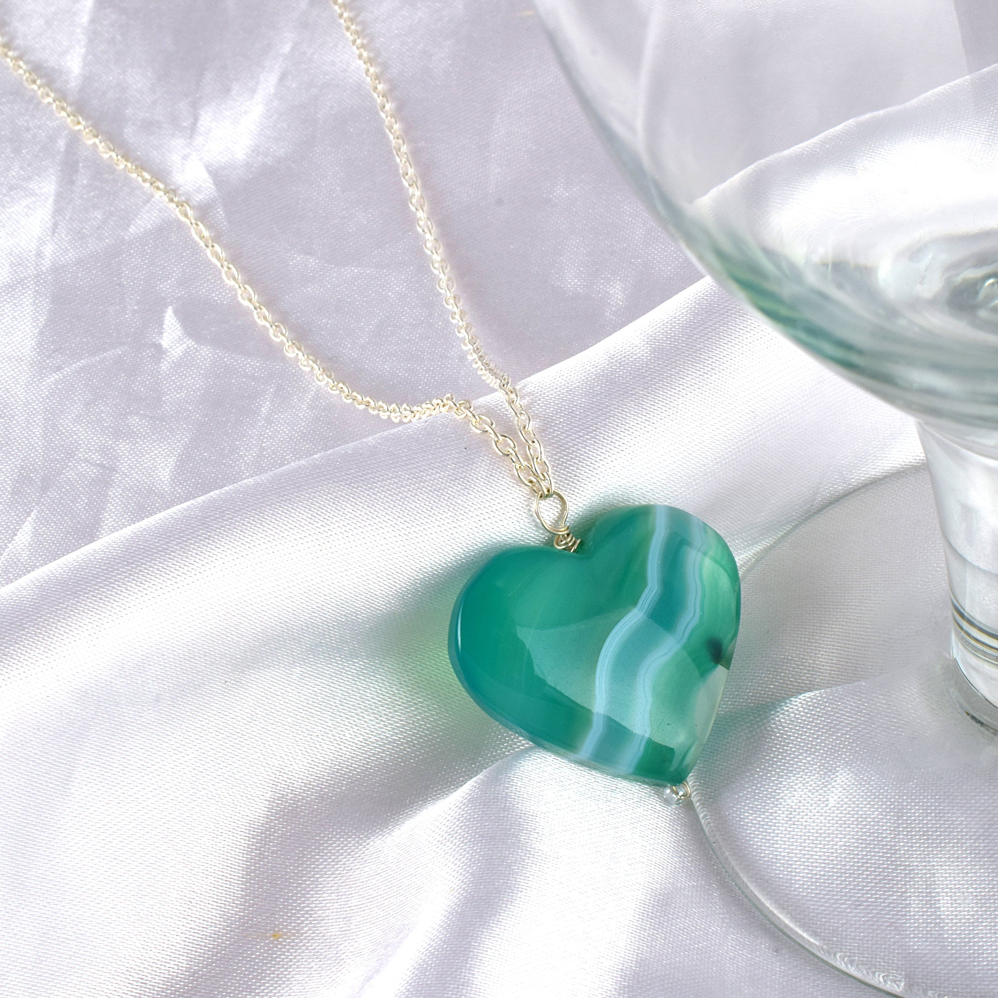 Natural Green Onyx Heart Shape Chain Necklace | 92.5 Sterling Silver fine Jewelry | May Birthstone