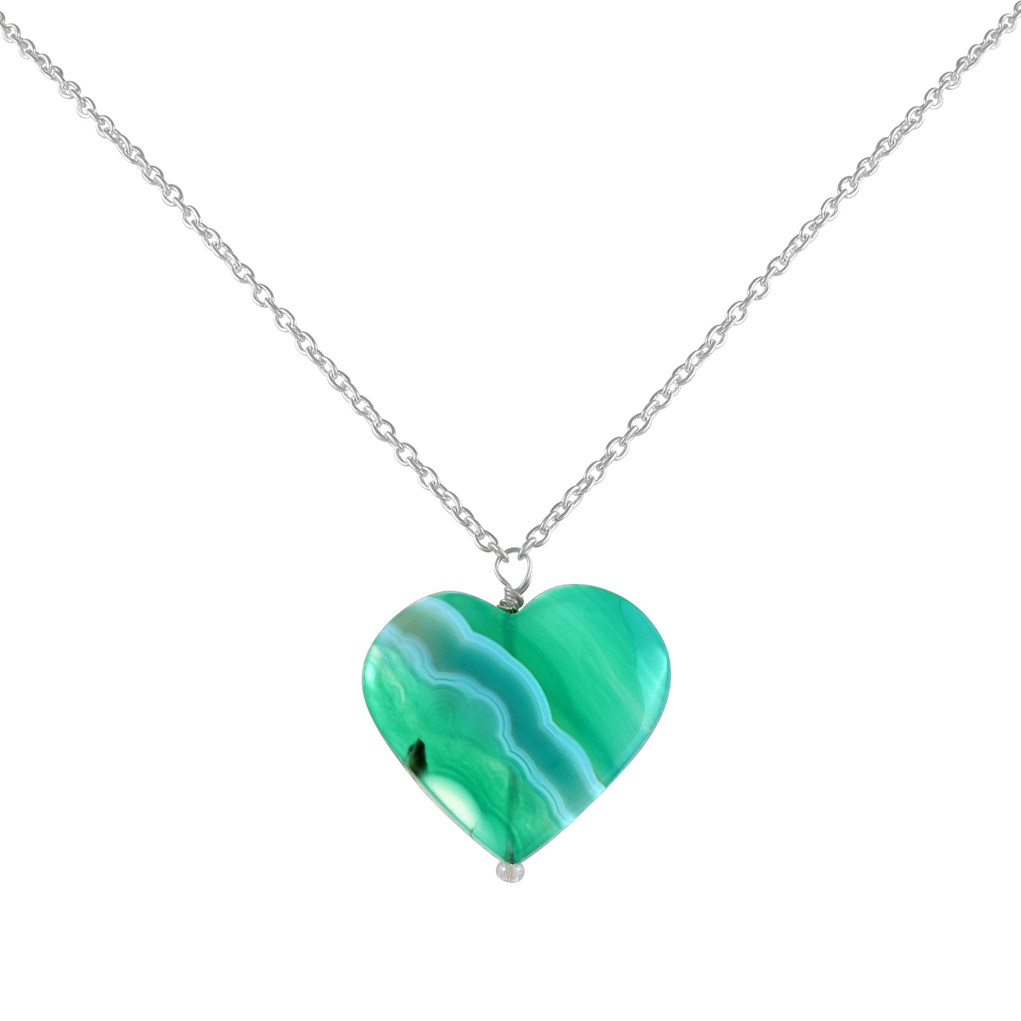 Natural Green Onyx Heart Shape Chain Necklace | 92.5 Sterling Silver fine Jewelry | May Birthstone