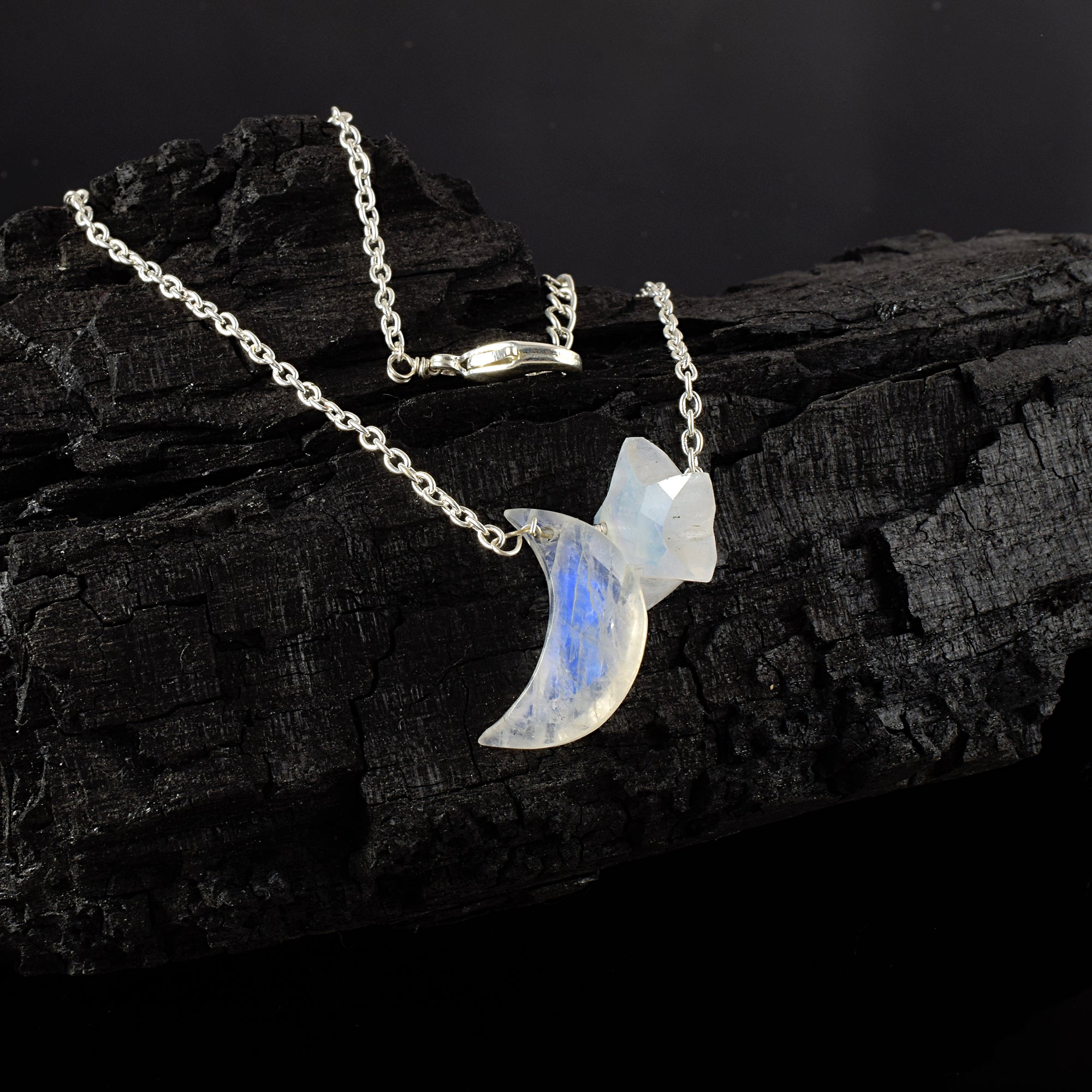 Natural Rainbow Moonstone Crescent Moon Chain Necklace | 92.5 Sterling Silver fine Jewelry | June Birthstone